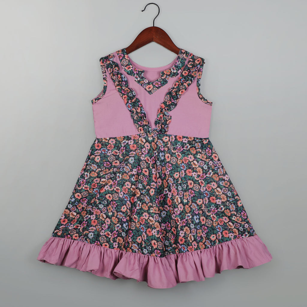 Girls Knee Length Dress With Printed And Dyed Mixup