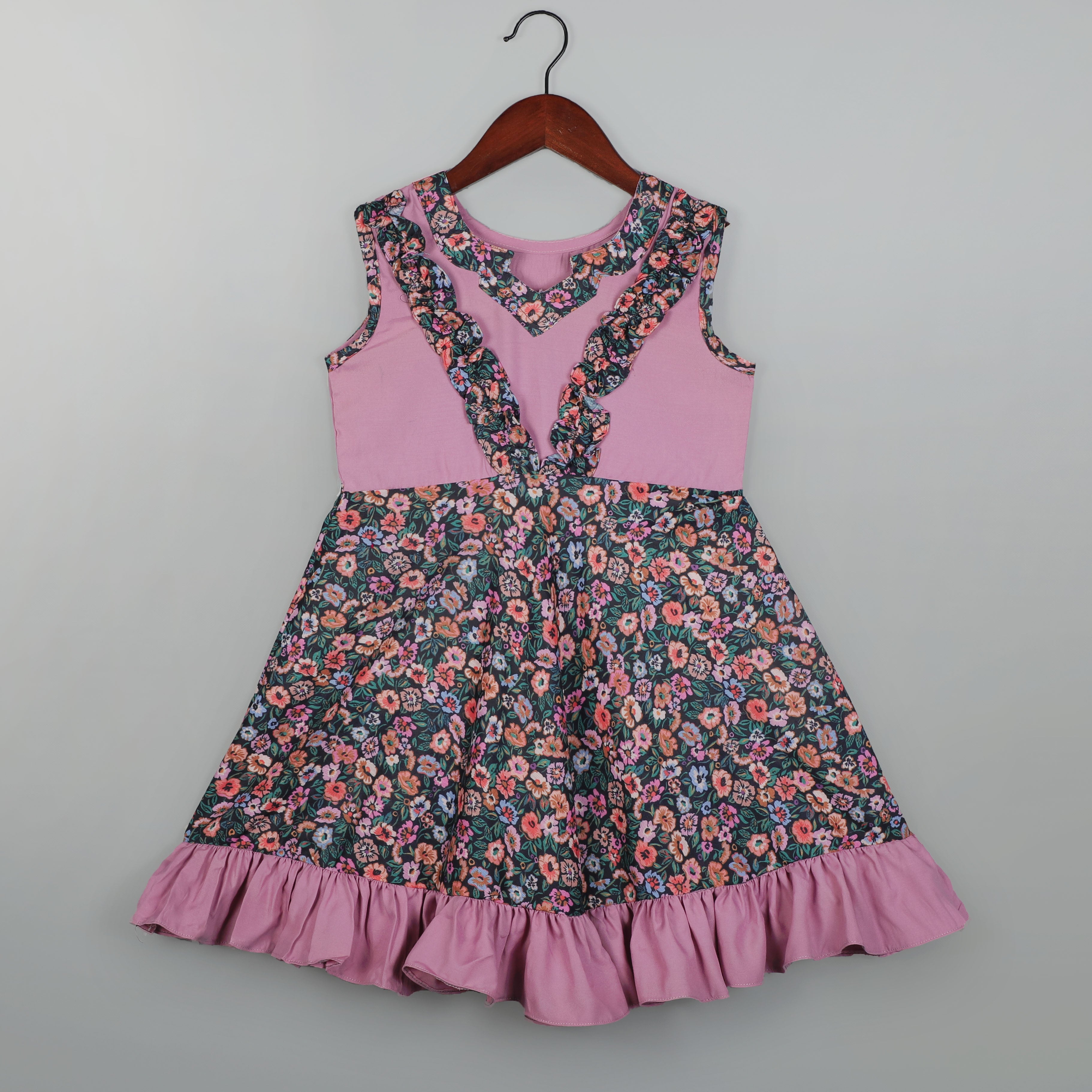 Girls Knee Length Dress With Printed And Dyed Mixup