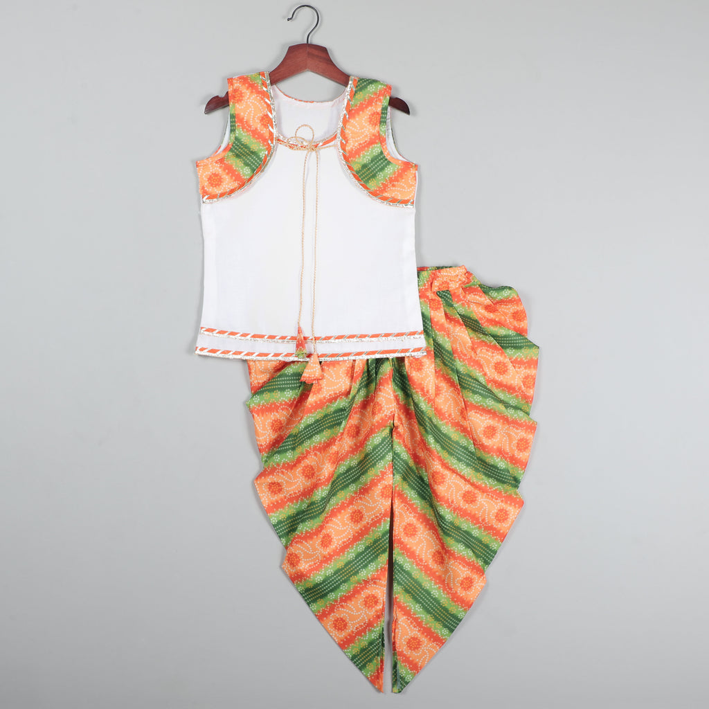 Koti With Tie Looking Top And Printed Dhoti Set