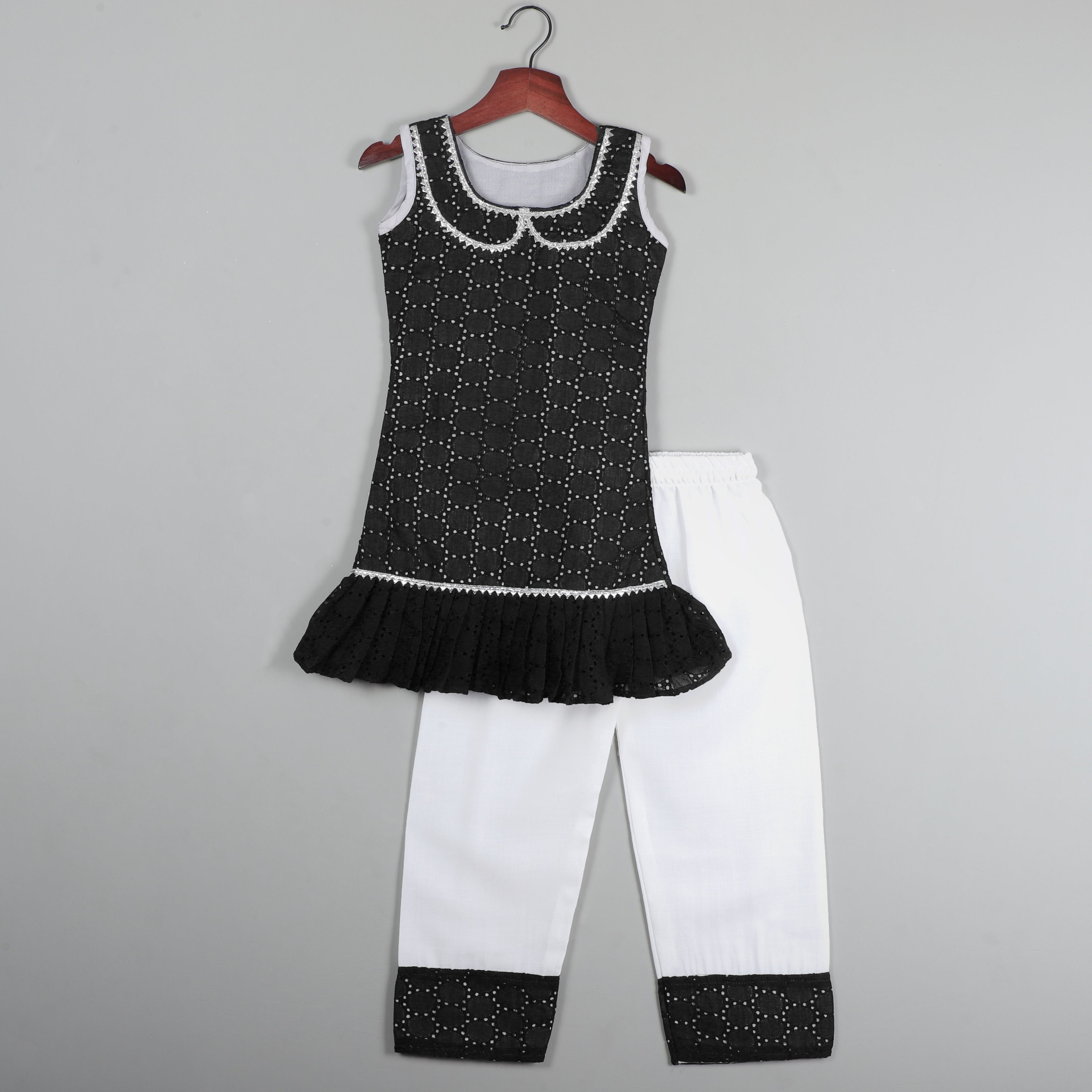 Top And Pant Set With Balloon Dot, Gotta Lace And Flared at Bottom Of Hem