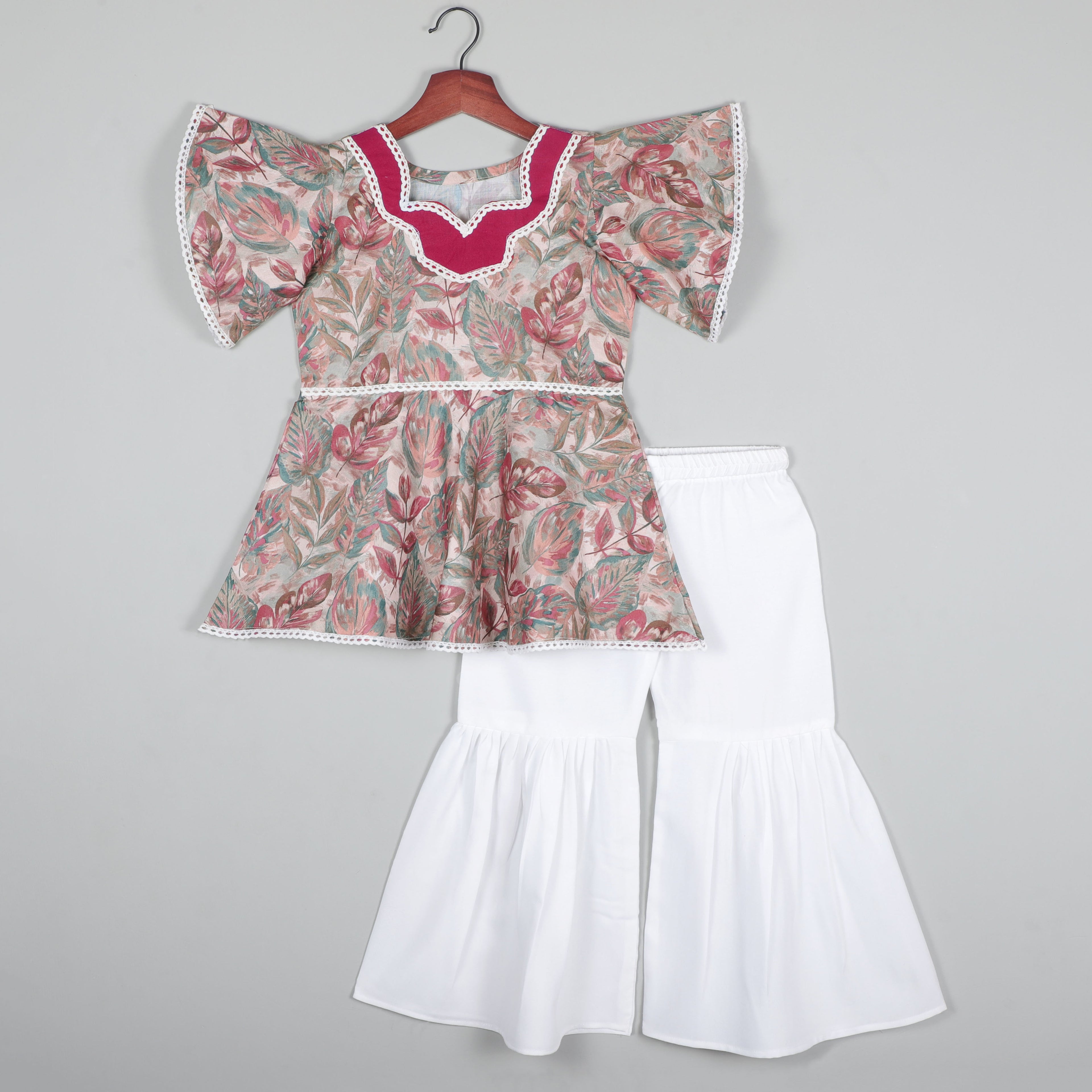 Umbrella Short Sleeves Top With Lace Border And Sharara Set