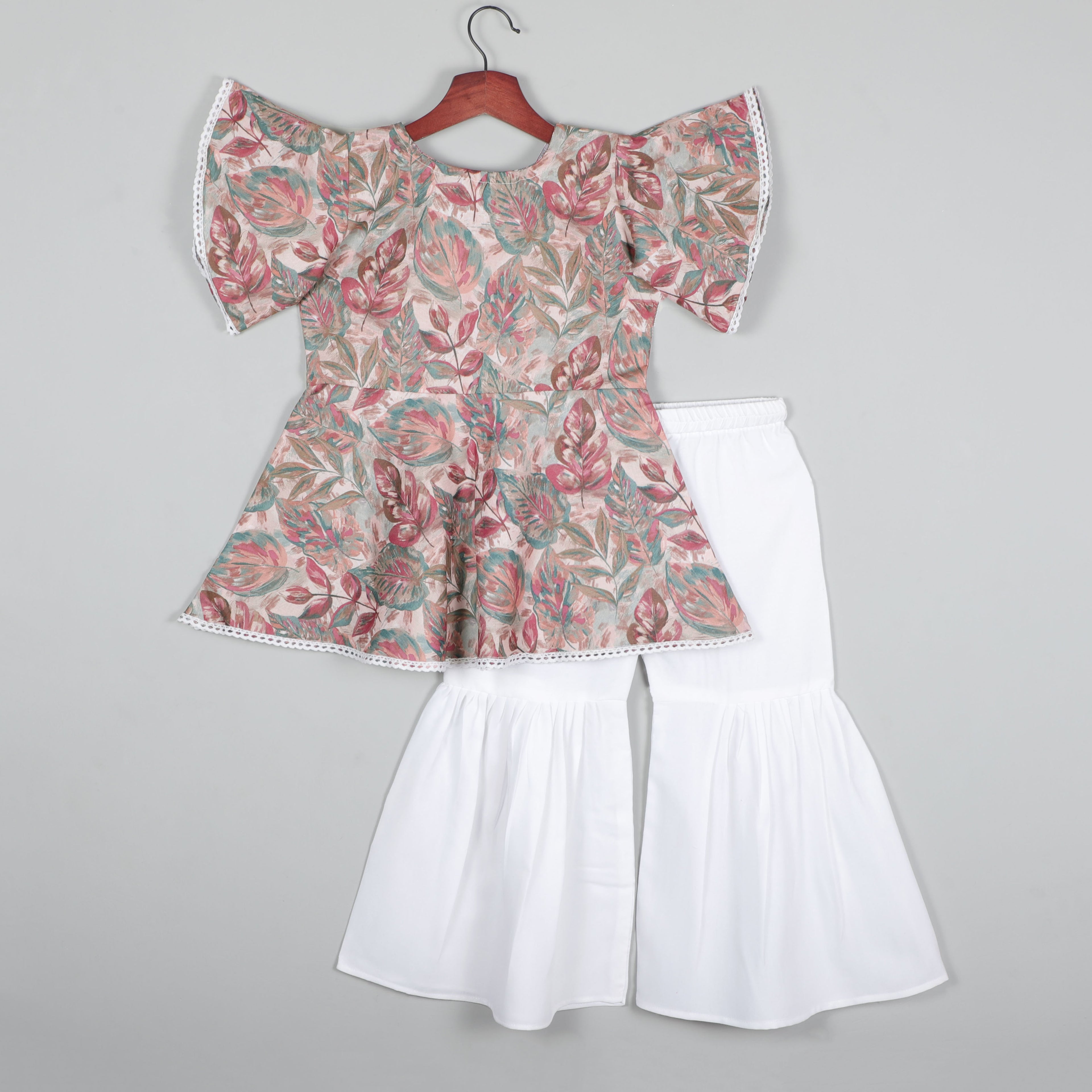 Umbrella Short Sleeves Top With Lace Border And Sharara Set