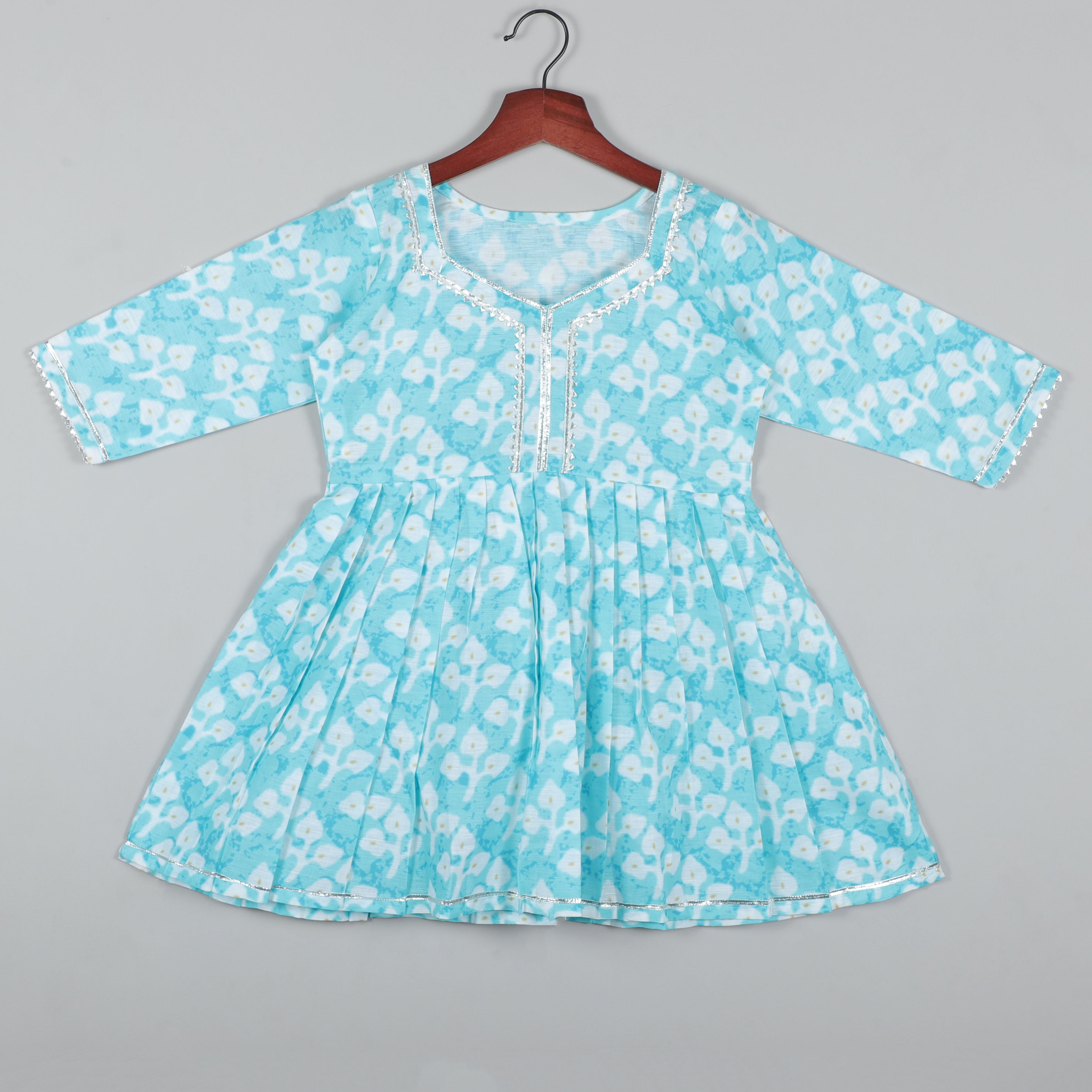 Aqua Blue Anarkali Top With Gotta Lace Border On Neck, Yock And Sleeve Opening