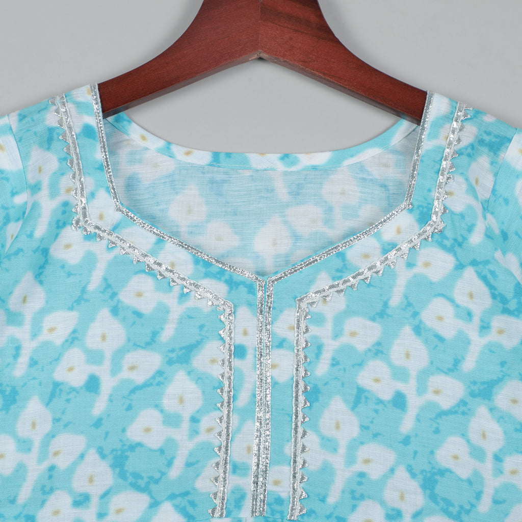 Aqua Blue Anarkali Top With Gotta Lace Border On Neck, Yock And Sleeve Opening