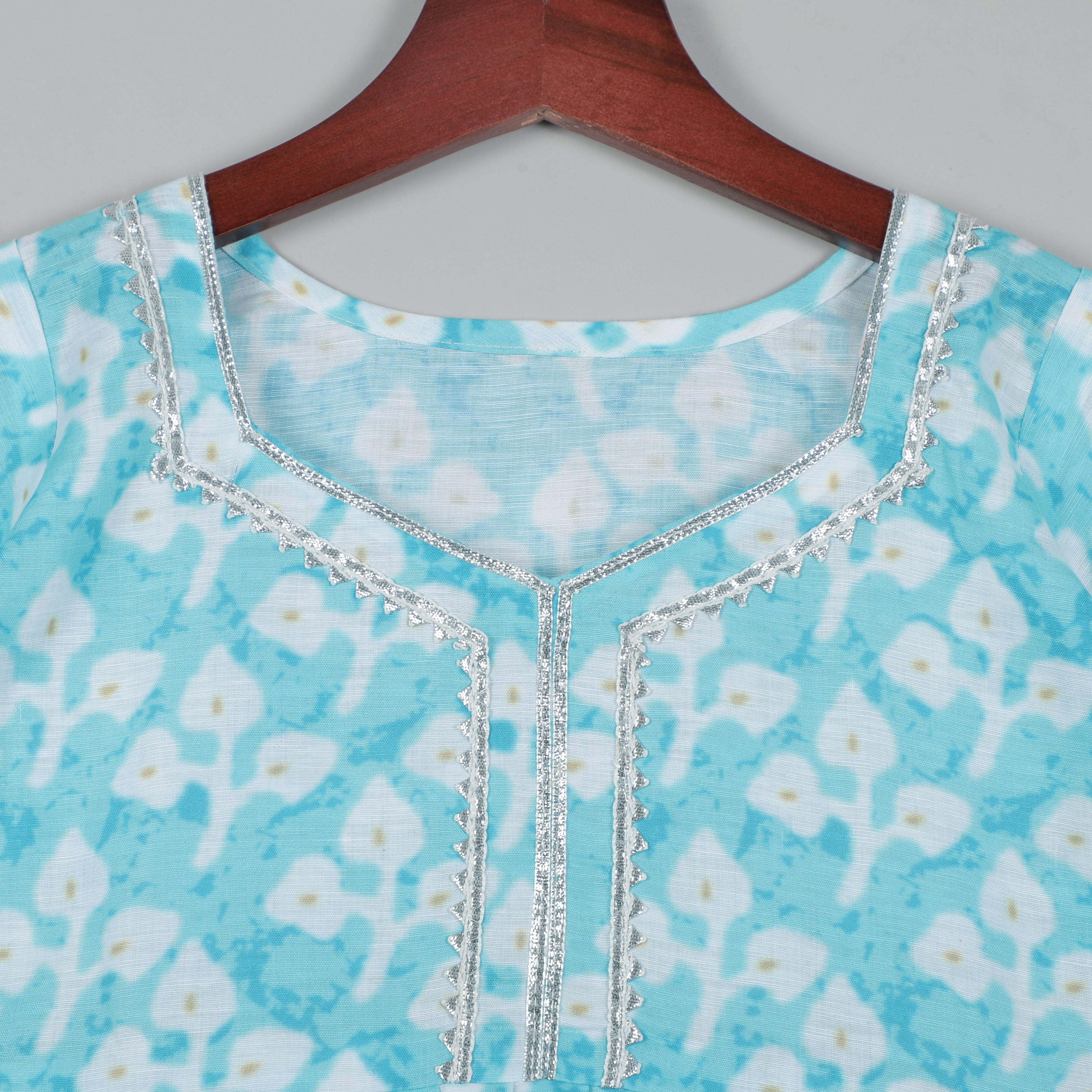 Aqua Blue Anarkali Top With Gotta Lace Border On Neck, Yock And Sleeve Opening