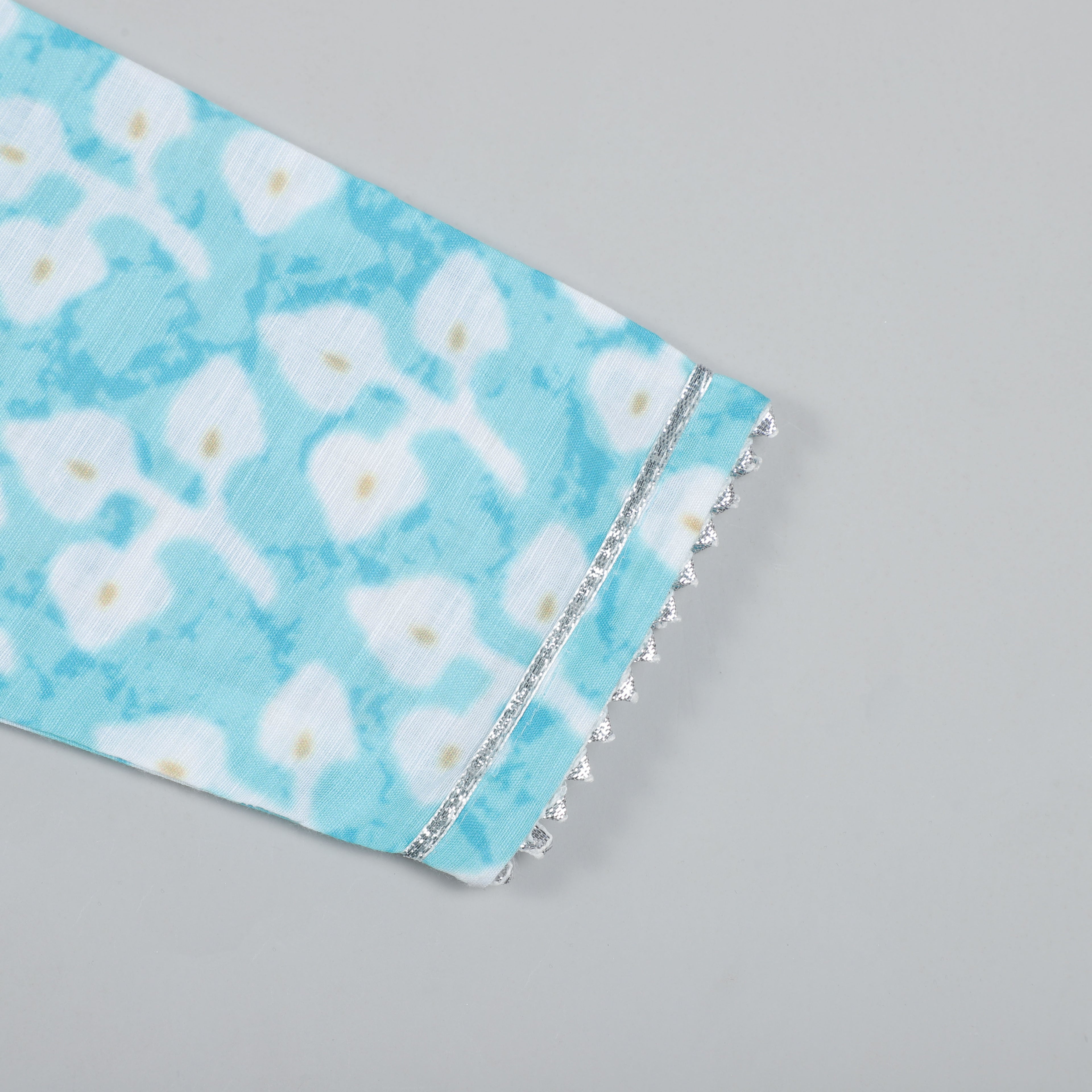 Aqua Blue Anarkali Top With Gotta Lace Border On Neck, Yock And Sleeve Opening