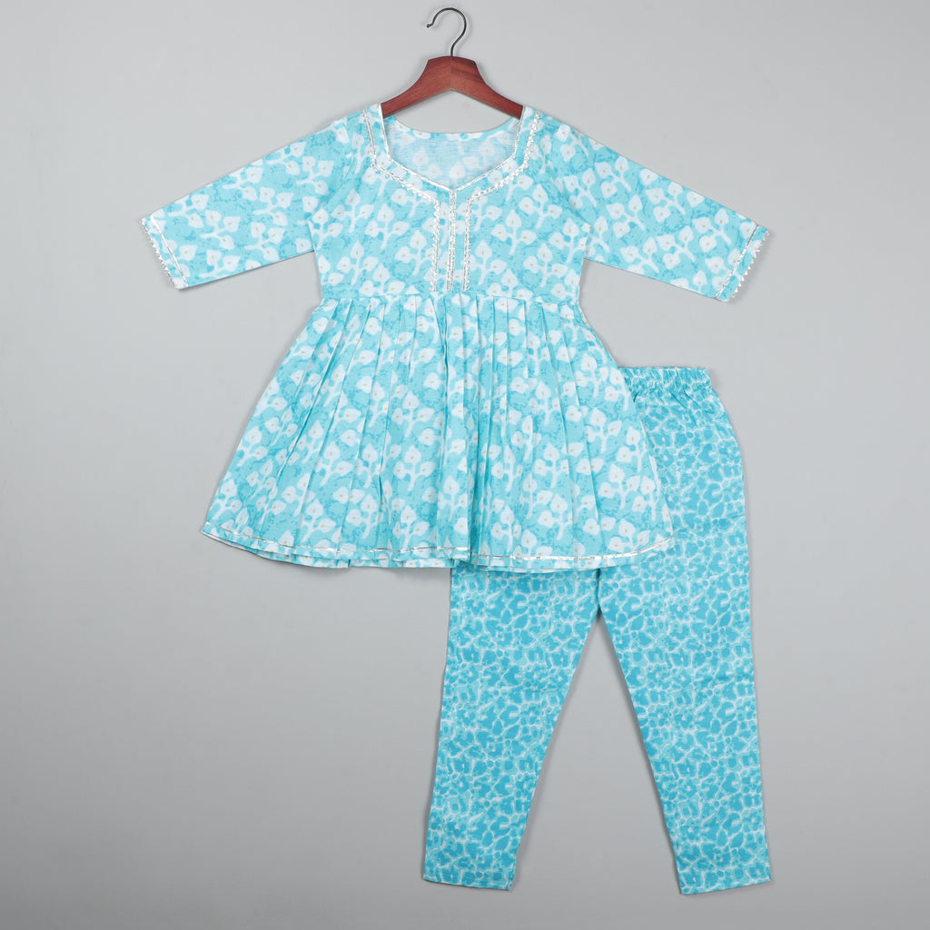 Aqua Blue Anarkali Top With Gotta Lace Border On Neck, Yock And Sleeve Opening