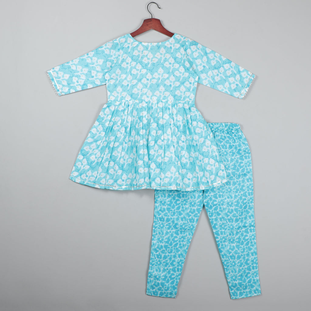 Aqua Blue Anarkali Top With Gotta Lace Border On Neck, Yock And Sleeve Opening