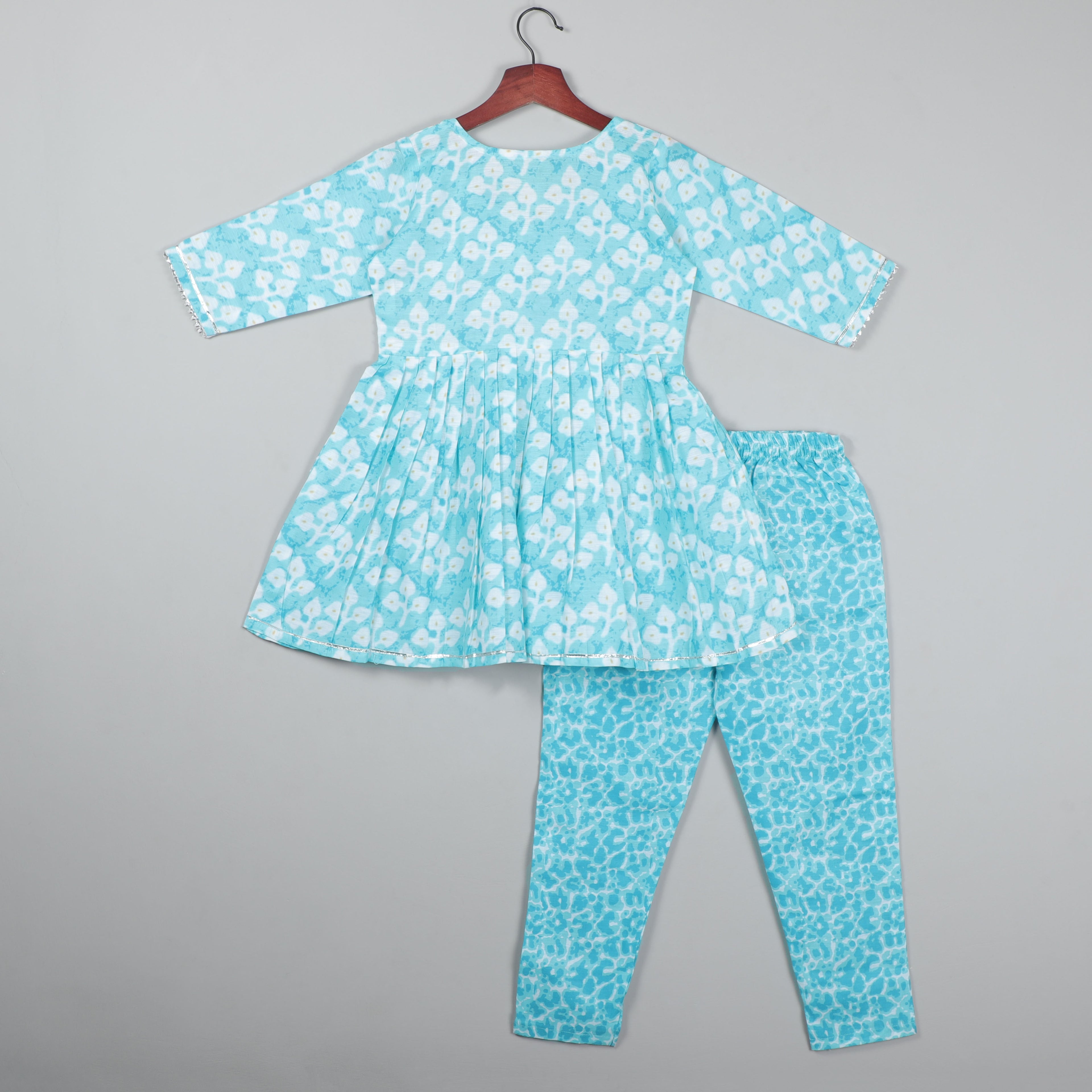 Aqua Blue Anarkali Top With Gotta Lace Border On Neck, Yock And Sleeve Opening