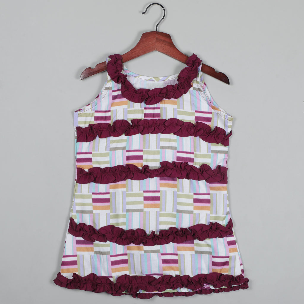 Printed Cotton Top With Contrast Matching Ruffled on Neck and Front Side