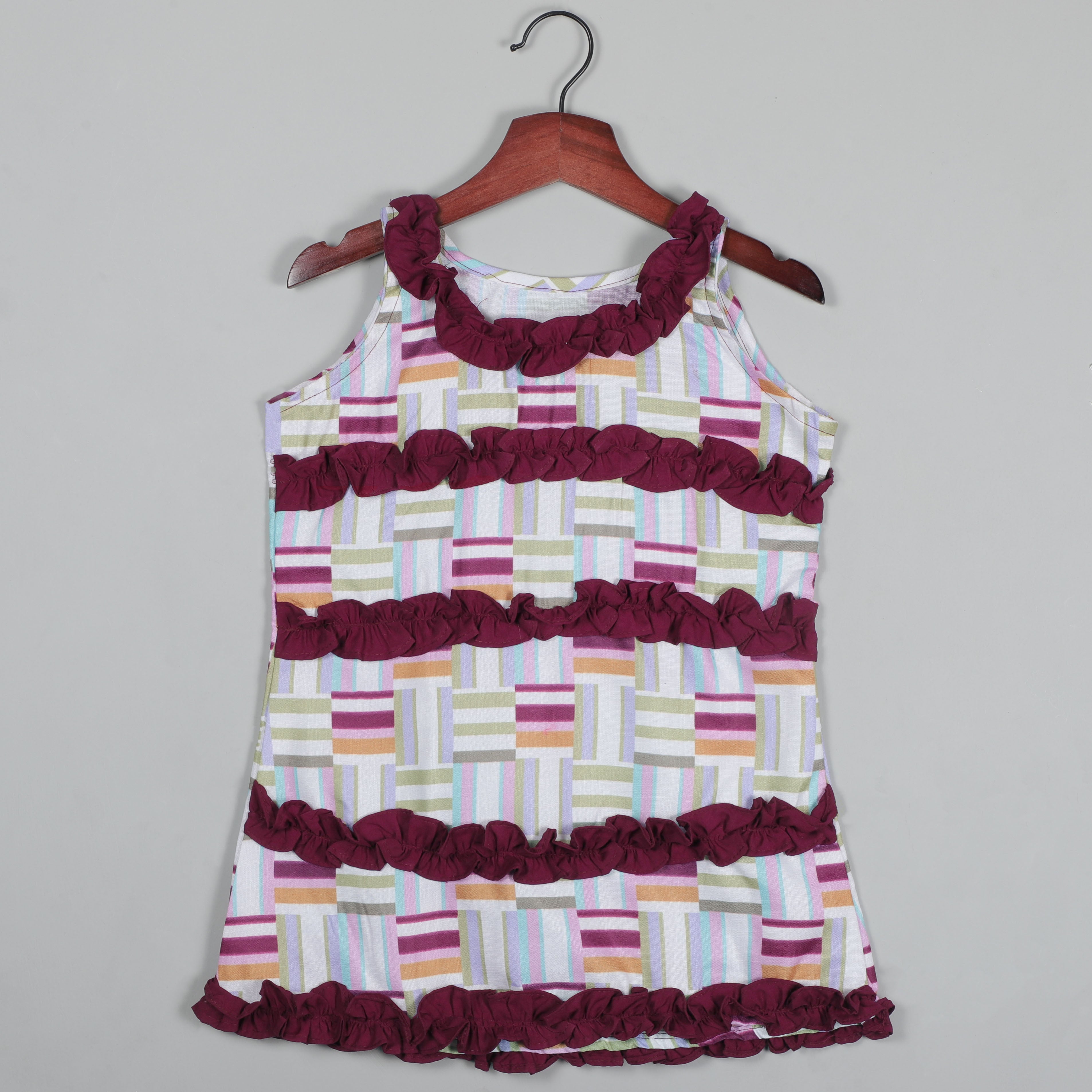 Printed Cotton Top With Contrast Matching Ruffled on Neck and Front Side