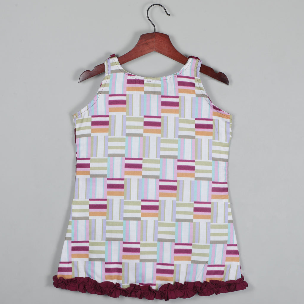 Printed Cotton Top With Contrast Matching Ruffled on Neck and Front Side
