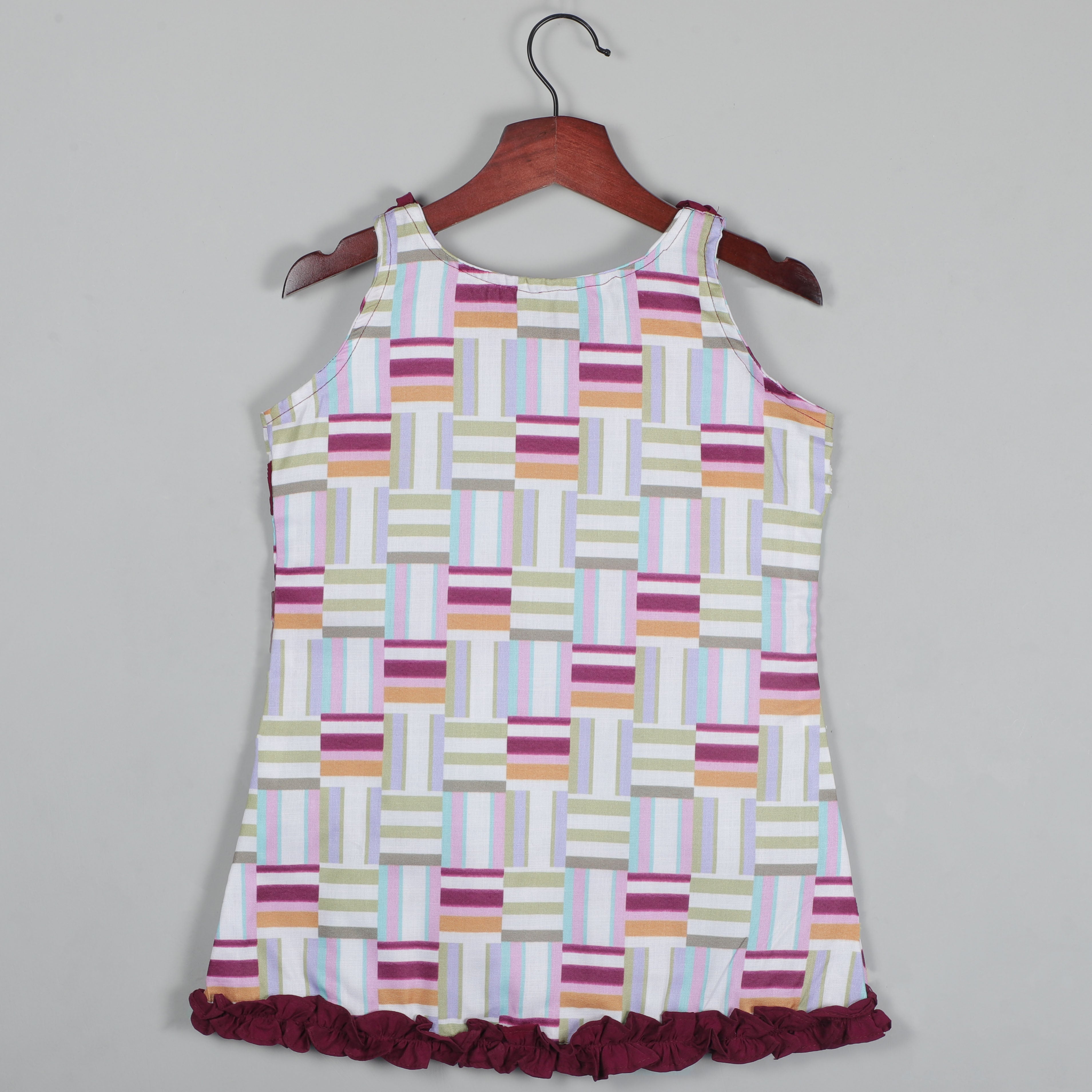Printed Cotton Top With Contrast Matching Ruffled on Neck and Front Side