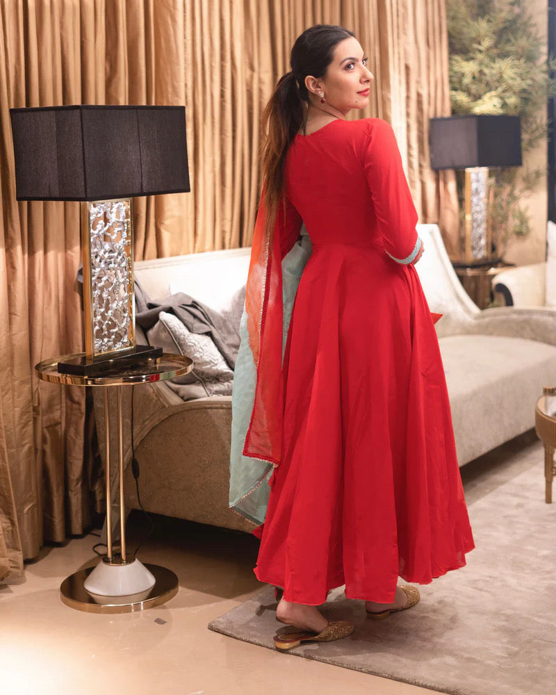 Red Anarkali Gown With Attractive Neck, Pant And Dupatta Set
