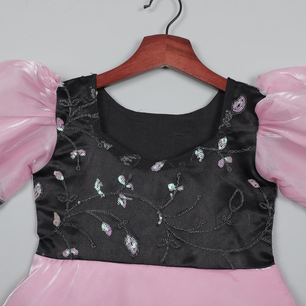 Girls Shiny Pink And Embroidery Work Gown With Ruffled Bottom Hem