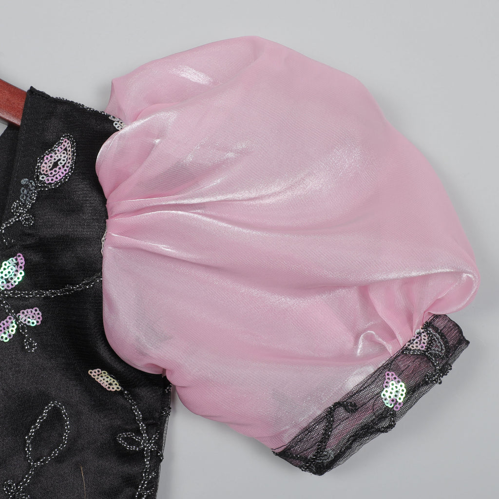 Girls Shiny Pink And Embroidery Work Gown With Ruffled Bottom Hem