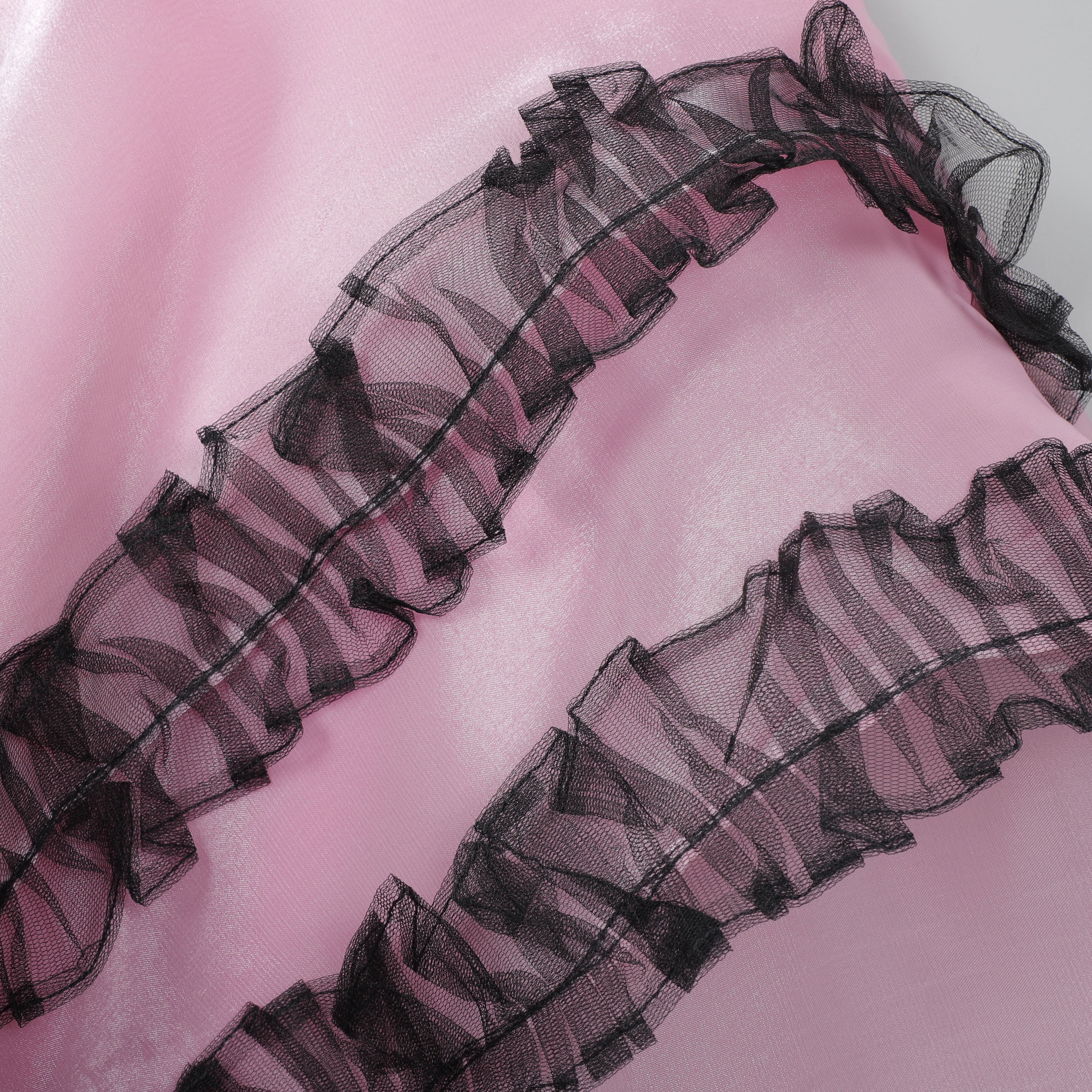 Girls Shiny Pink And Embroidery Work Gown With Ruffled Bottom Hem