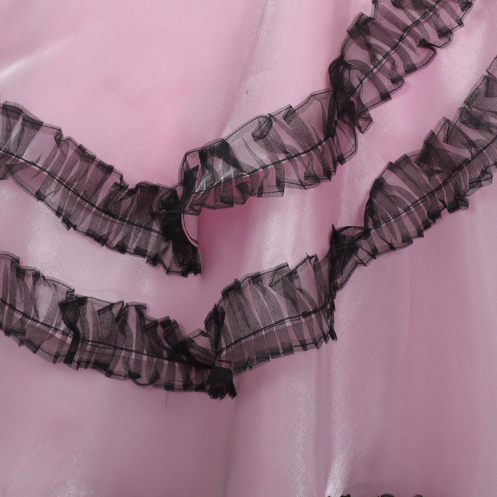 Girls Shiny Pink And Embroidery Work Gown With Ruffled Bottom Hem