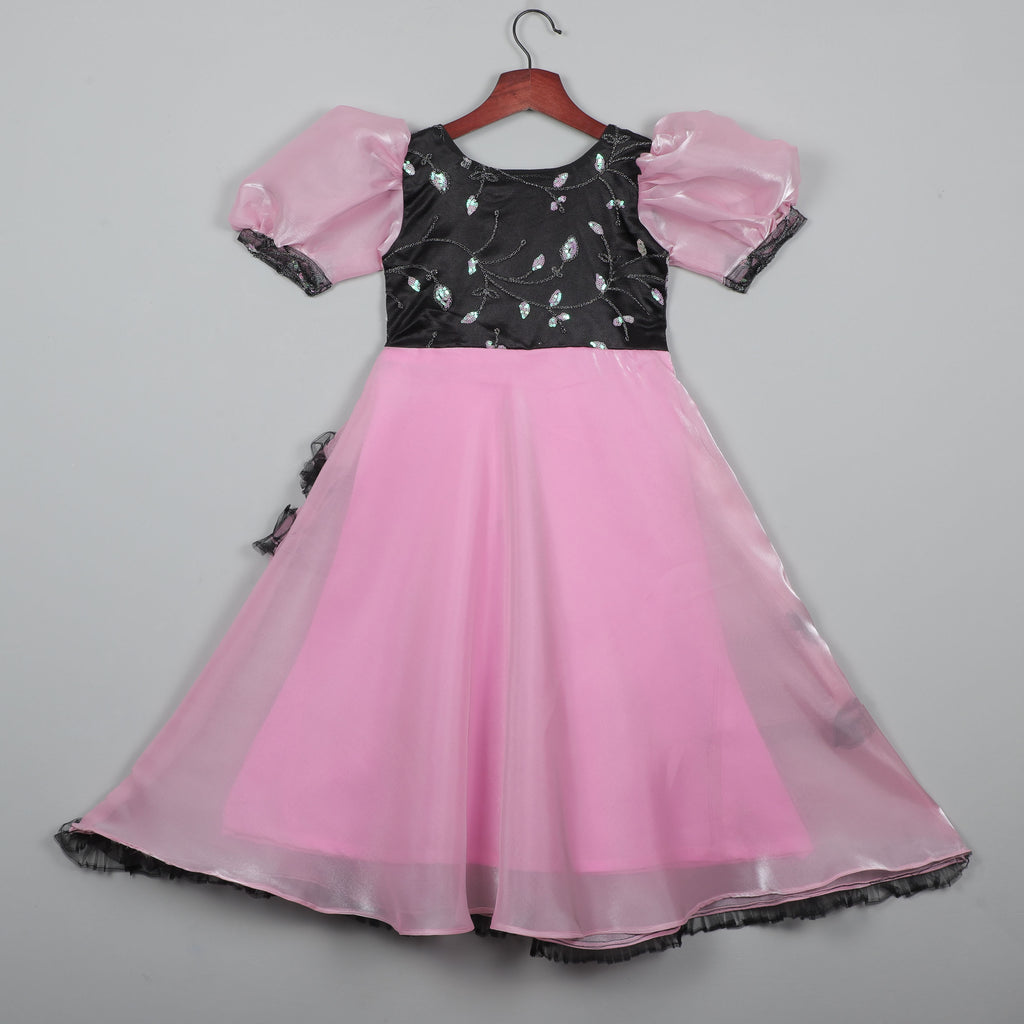 Girls Shiny Pink And Embroidery Work Gown With Ruffled Bottom Hem