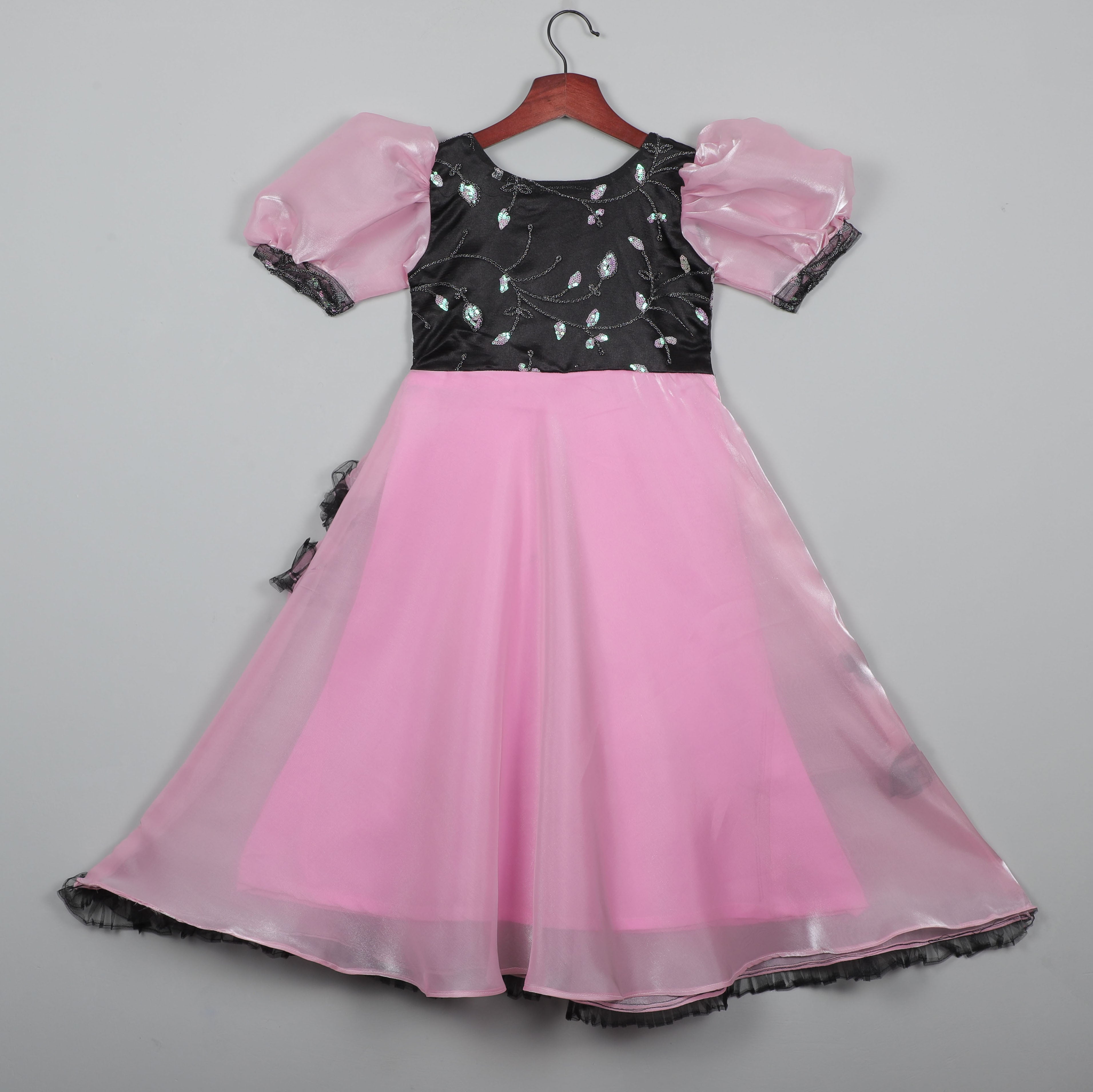Girls Shiny Pink And Embroidery Work Gown With Ruffled Bottom Hem