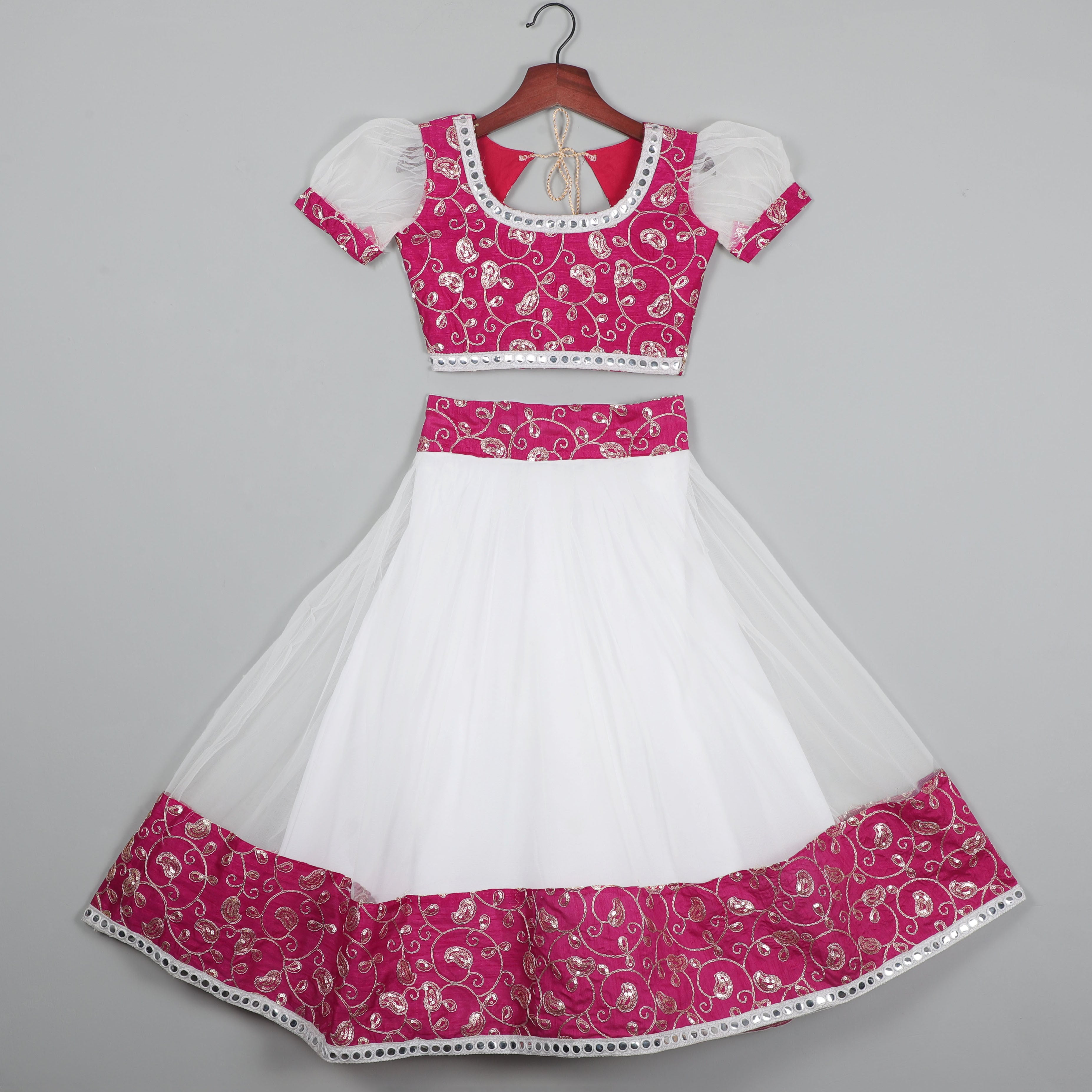 Embroidery Mirror Work Choli With Puffy Sleeve And Lehenga