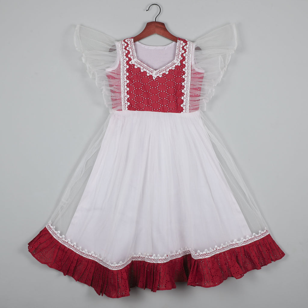 Fancy Flutter Sleeve Gown With Gotta Lace Border And Balloon Dot Cotton Fabric