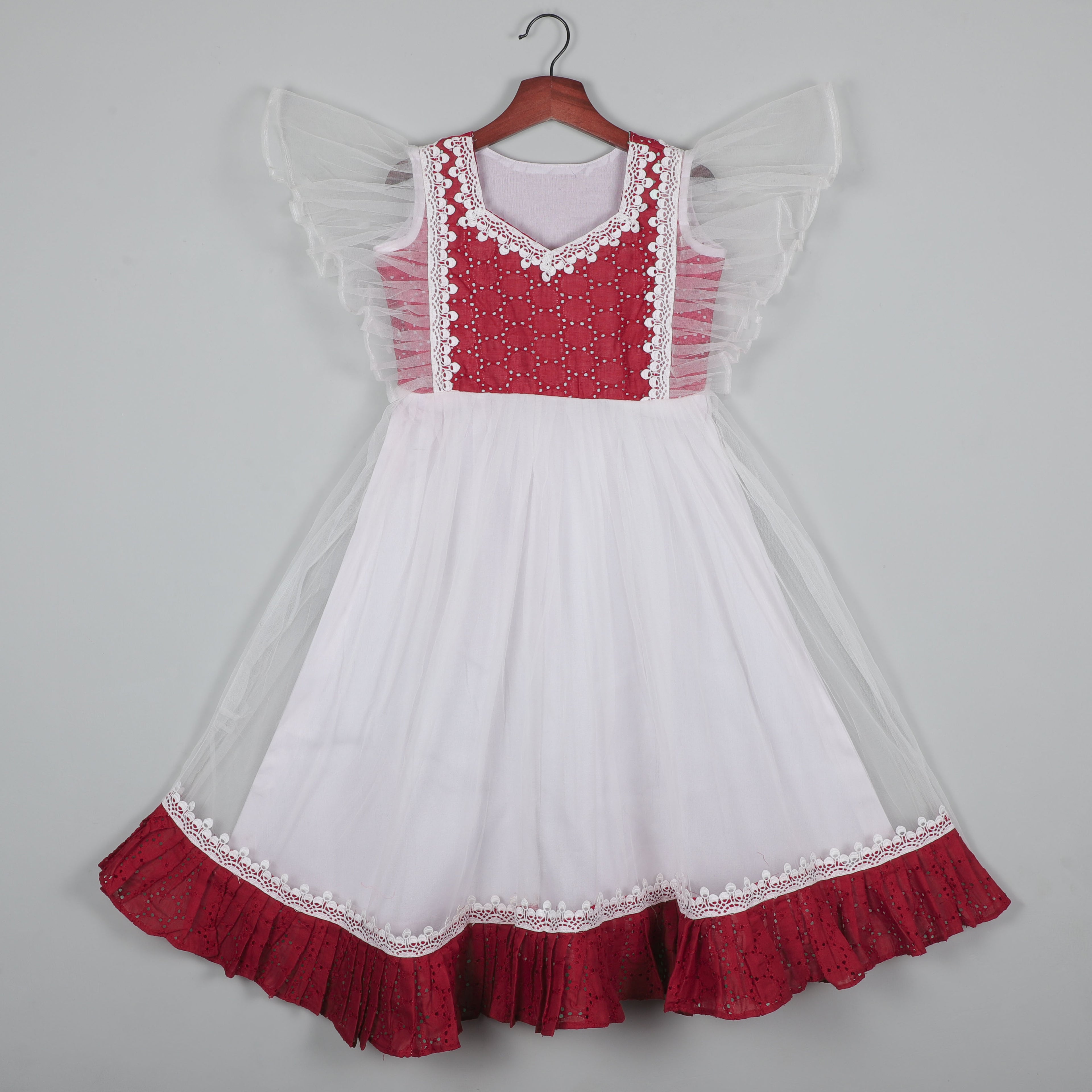 Fancy Flutter Sleeve Gown With Gotta Lace Border And Balloon Dot Cotton Fabric