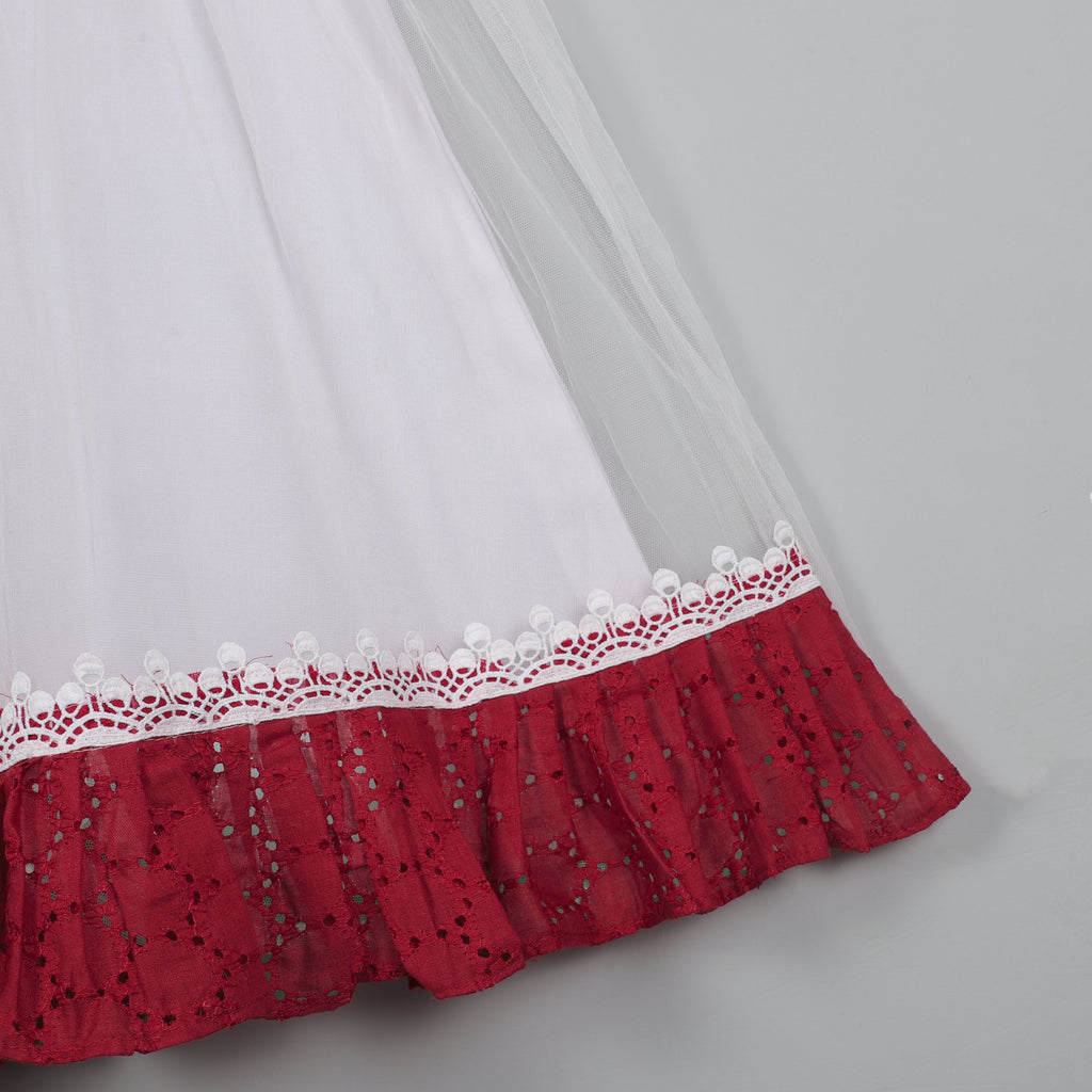 Fancy Flutter Sleeve Gown With Gotta Lace Border And Balloon Dot Cotton Fabric