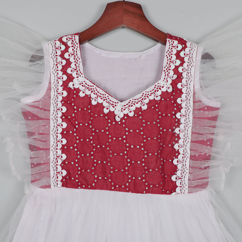 Fancy Flutter Sleeve Gown With Gotta Lace Border And Balloon Dot Cotton Fabric