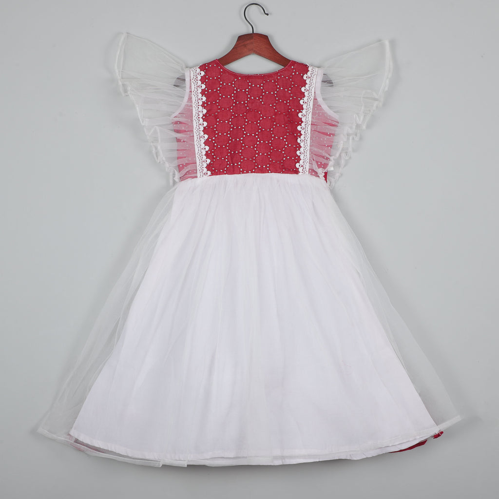 Fancy Flutter Sleeve Gown With Gotta Lace Border And Balloon Dot Cotton Fabric