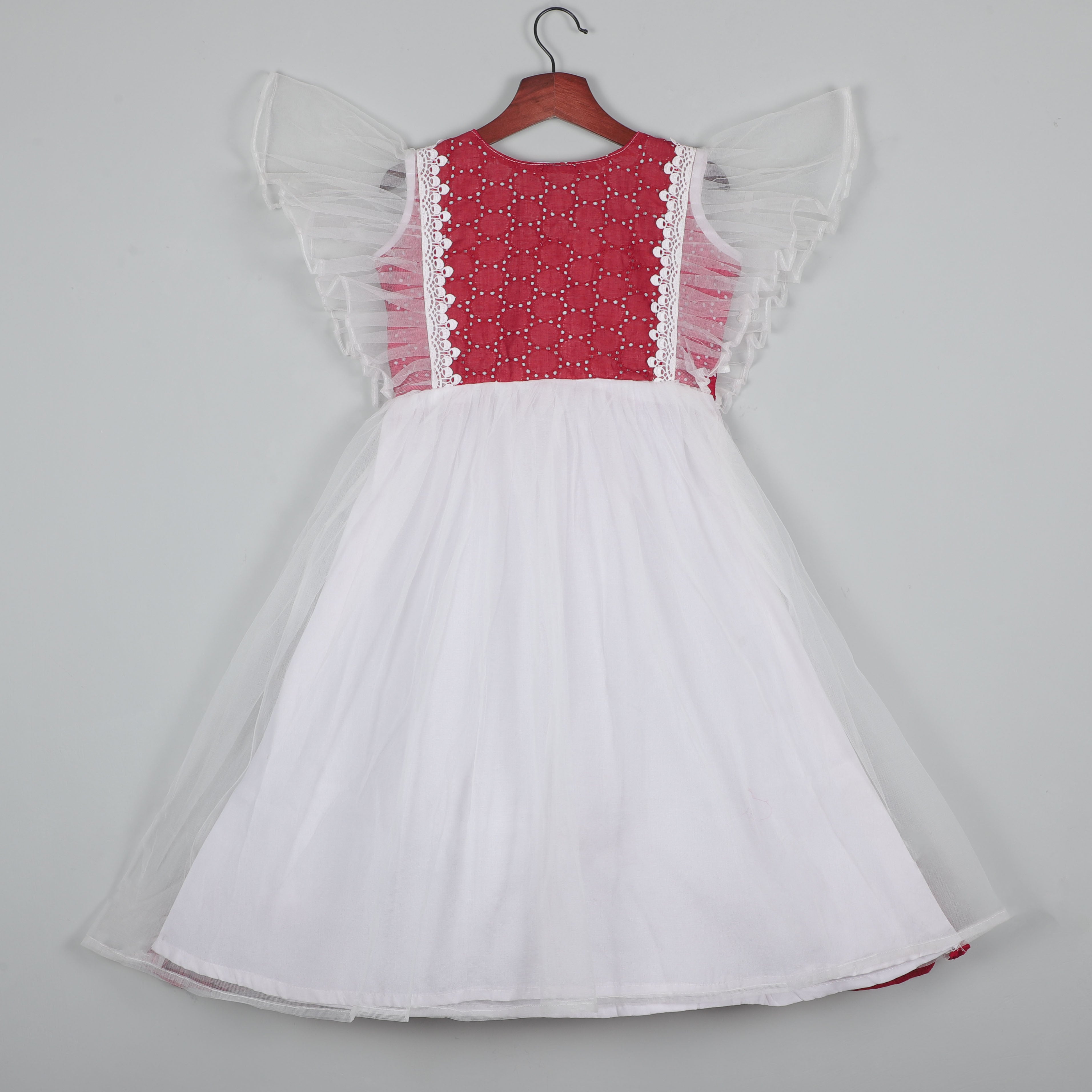 Fancy Flutter Sleeve Gown With Gotta Lace Border And Balloon Dot Cotton Fabric