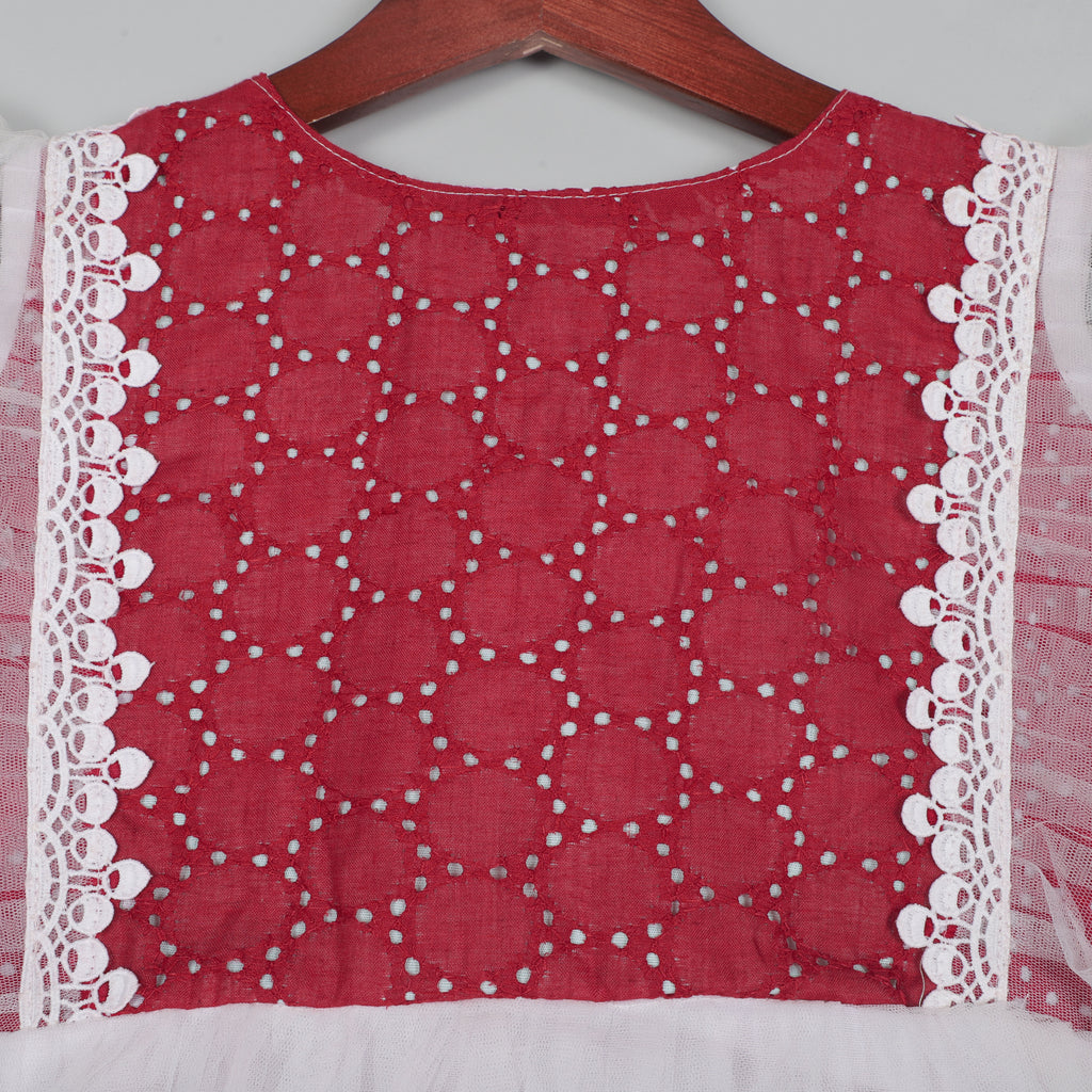 Fancy Flutter Sleeve Gown With Gotta Lace Border And Balloon Dot Cotton Fabric