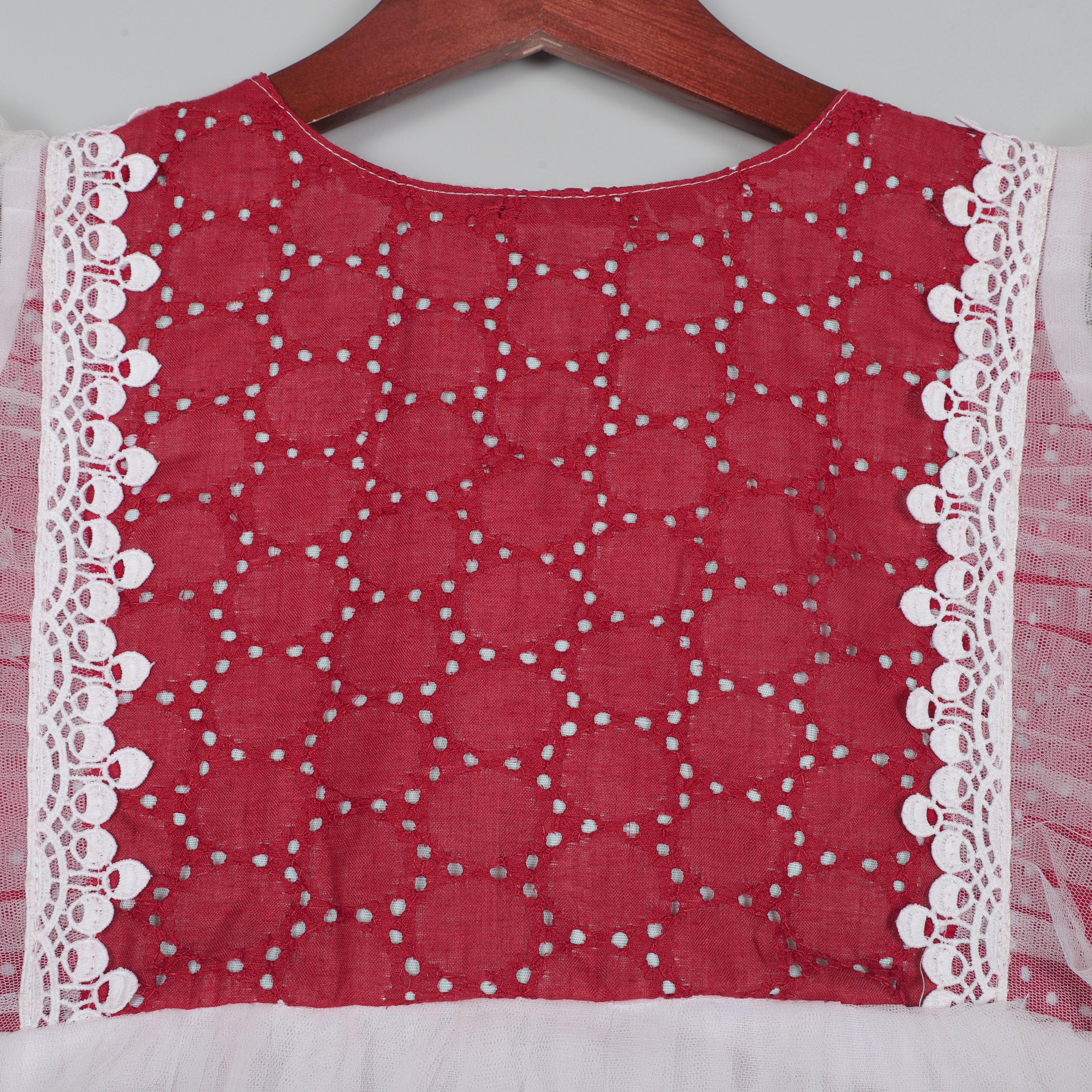 Fancy Flutter Sleeve Gown With Gotta Lace Border And Balloon Dot Cotton Fabric