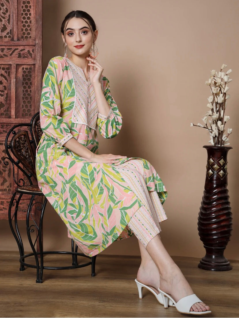 Leaf Printed Kurti With Zigzag Print Neck, And Pant Set