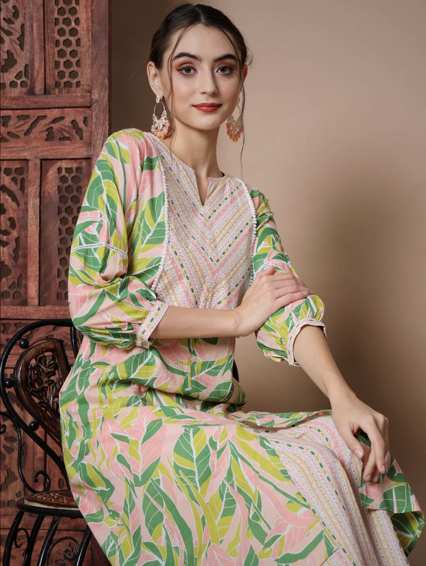 Leaf Printed Kurti With Zigzag Print Neck, And Pant Set