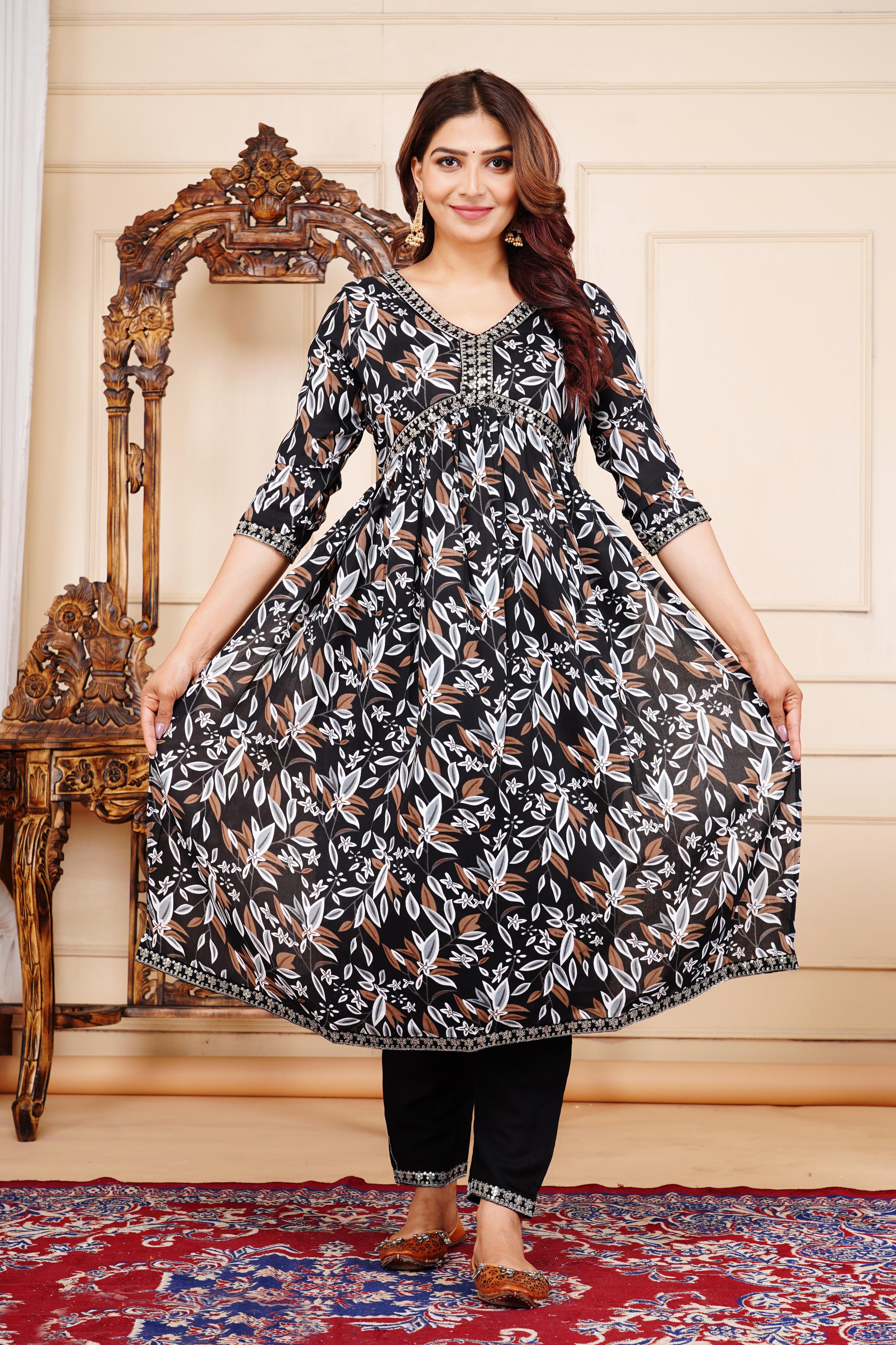 Flared Printed Kurti With Silver Mirror Lace And Pant Set