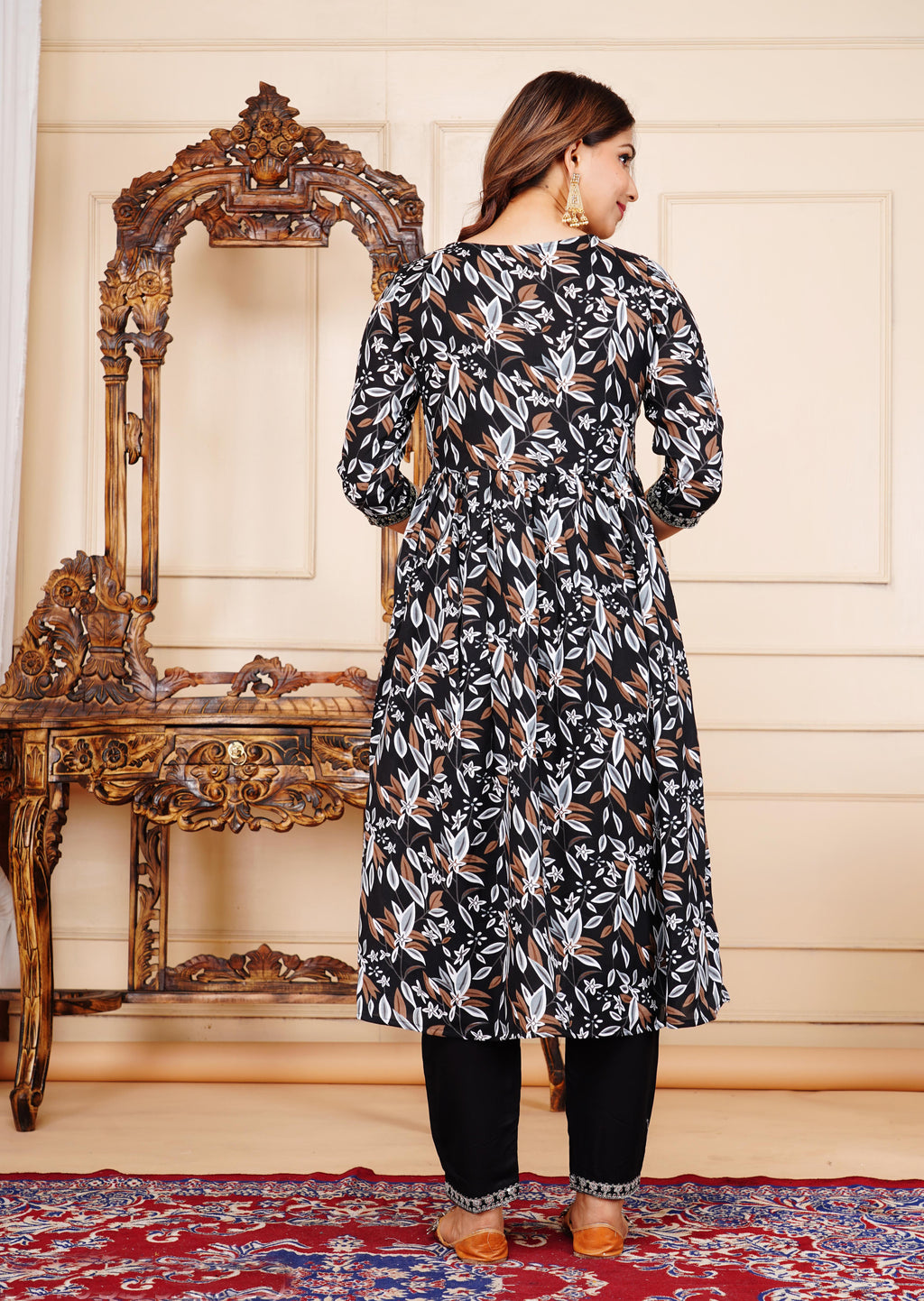 Flared Printed Kurti With Silver Mirror Lace And Pant Set