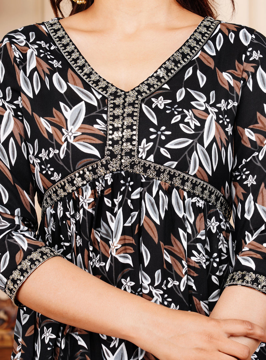 Flared Printed Kurti With Silver Mirror Lace And Pant Set