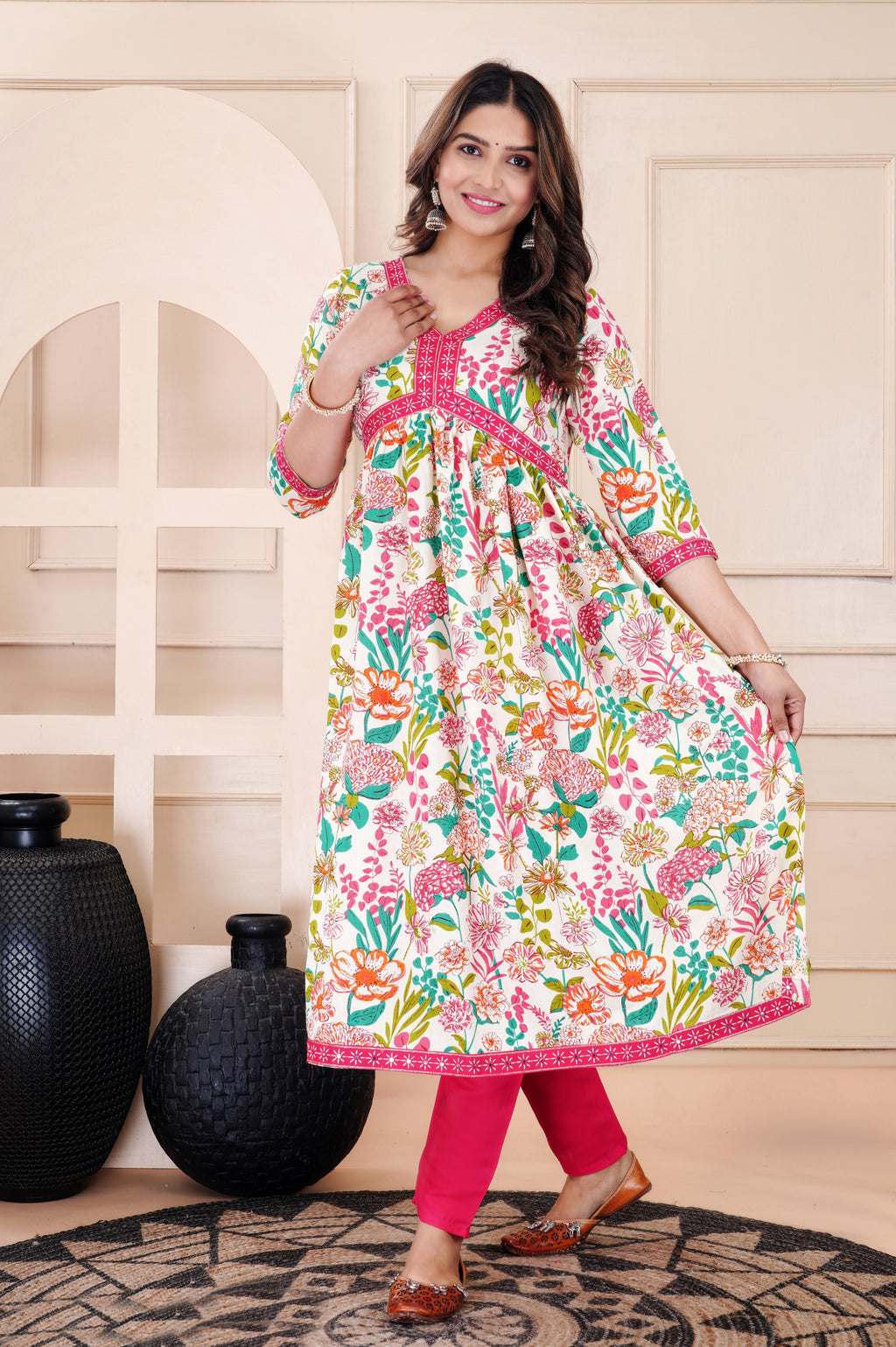 Flared Multi Printed Kurti With Silver Mirror Lace And Pant Set