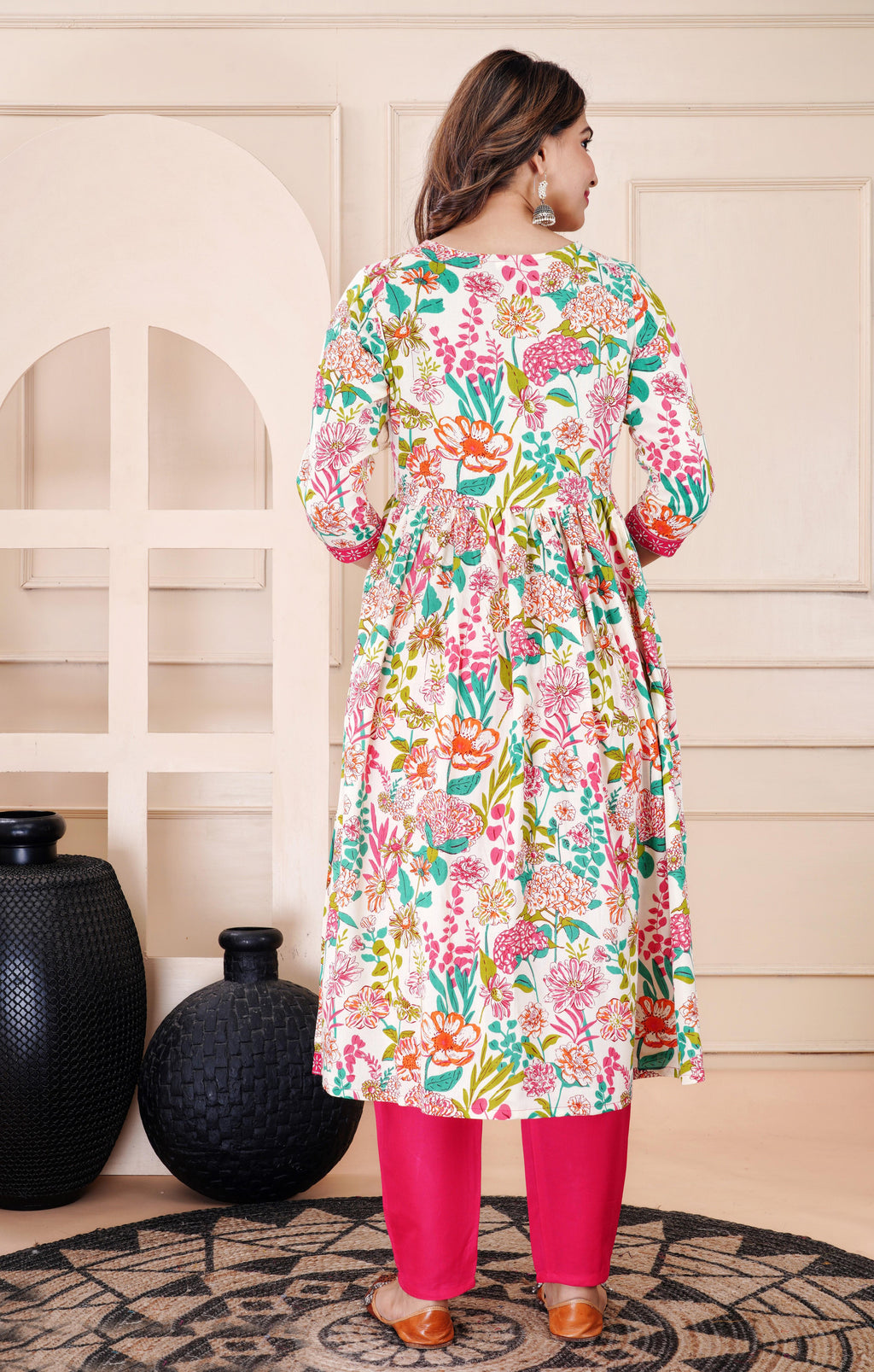 Flared Multi Printed Kurti With Silver Mirror Lace And Pant Set