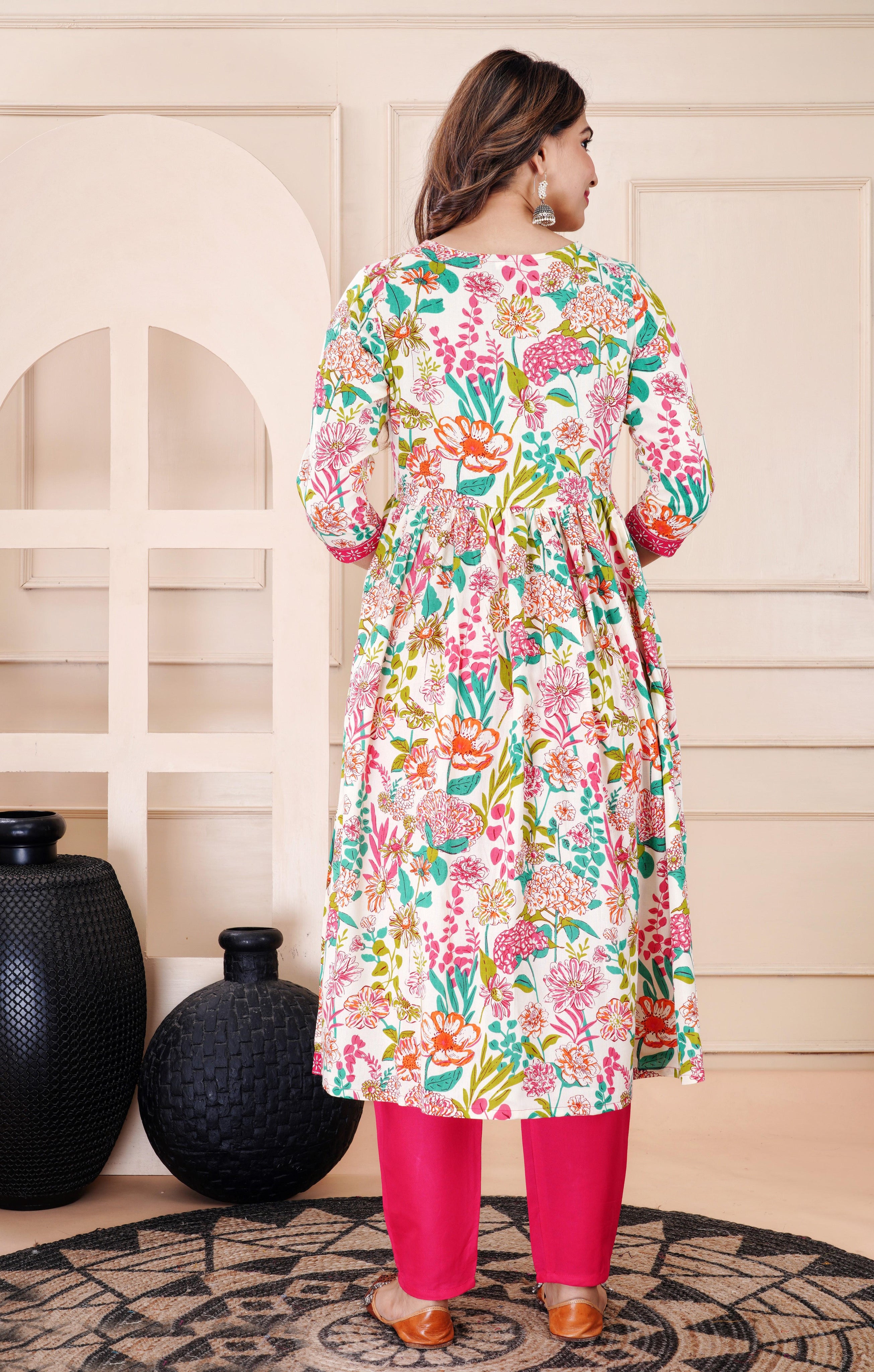 Flared Multi Printed Kurti With Silver Mirror Lace And Pant Set