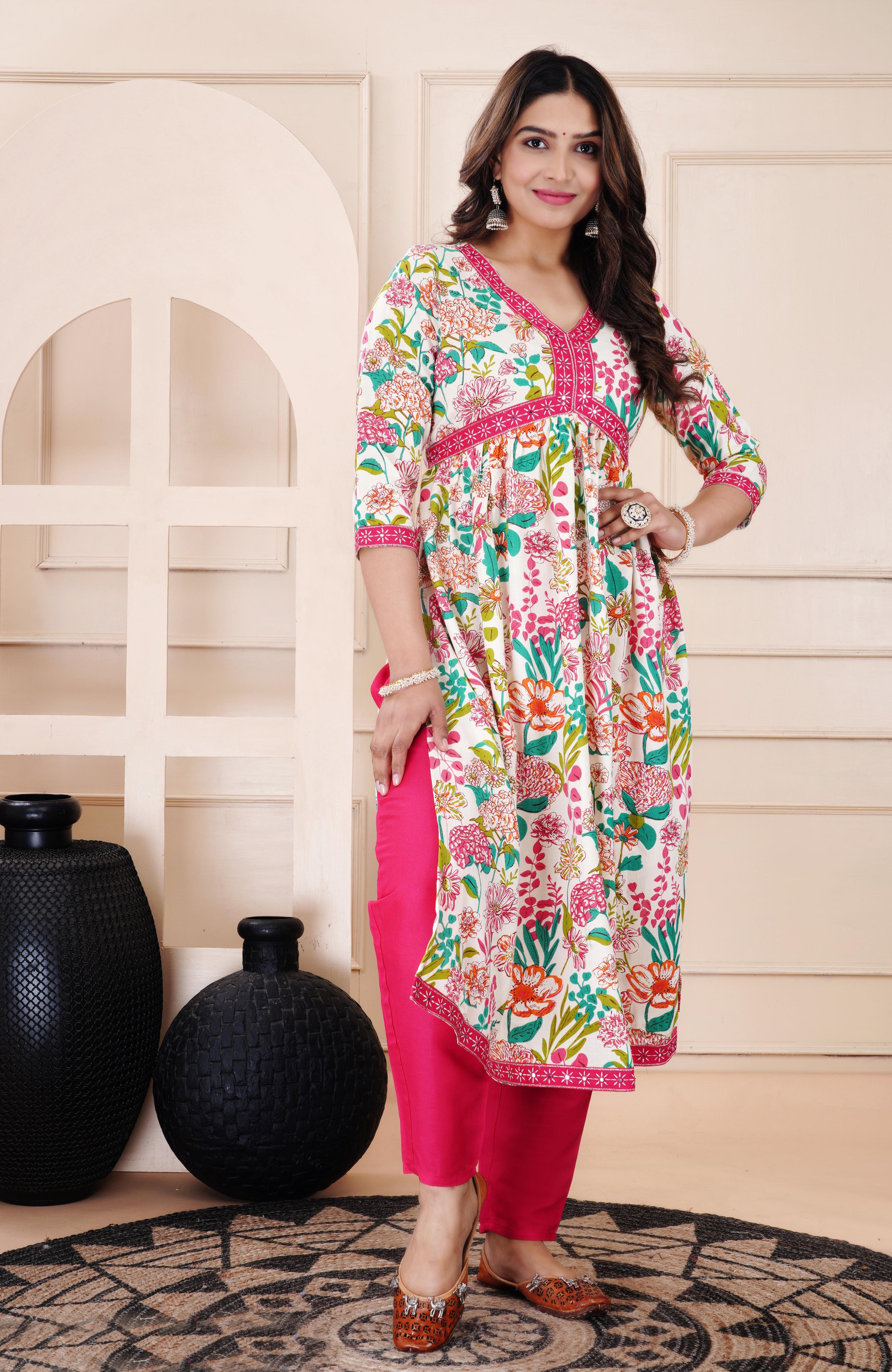 Flared Multi Printed Kurti With Silver Mirror Lace And Pant Set