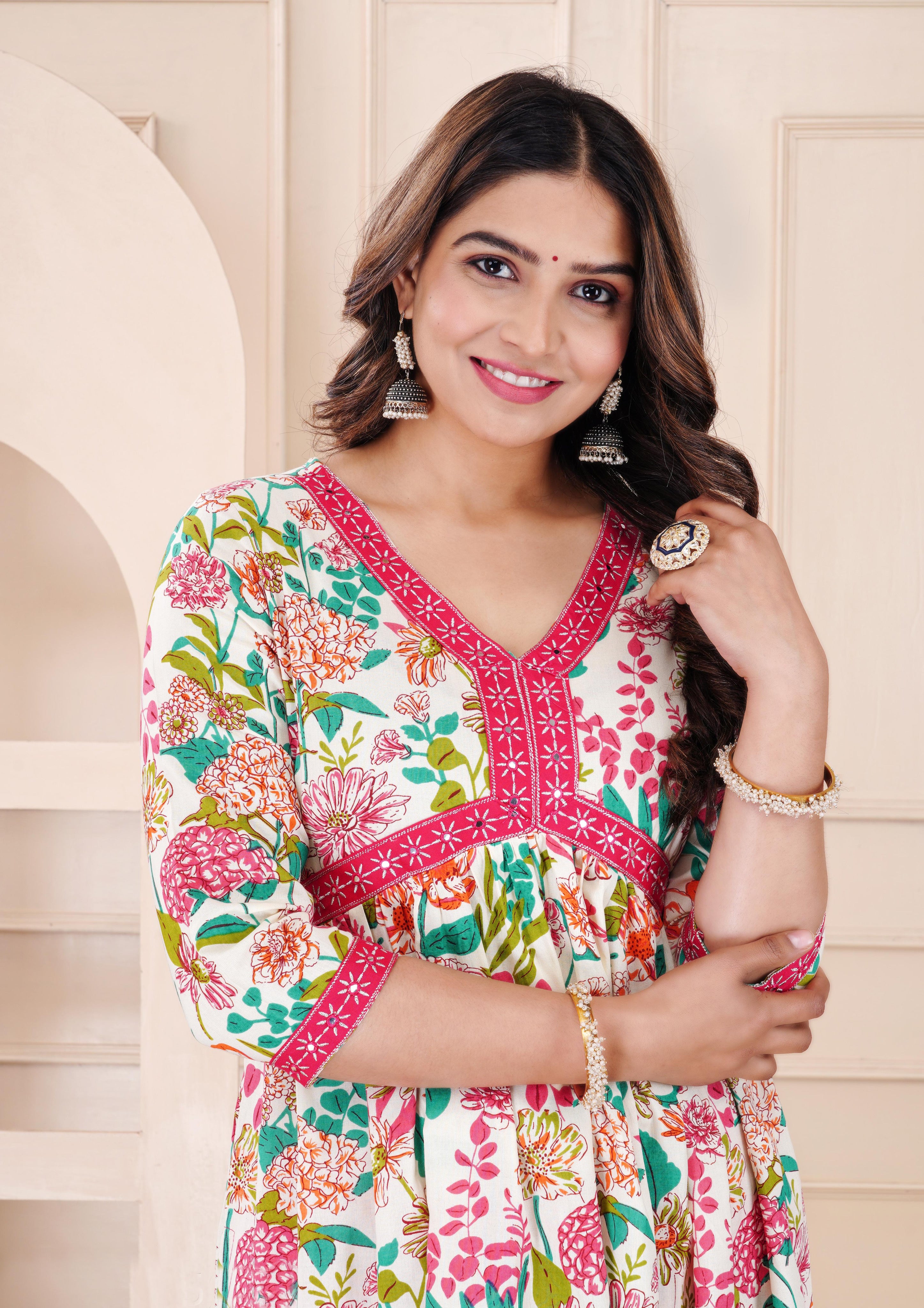 Flared Multi Printed Kurti With Silver Mirror Lace And Pant Set