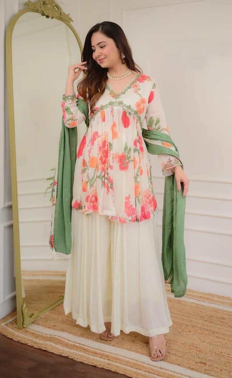 Anarkali Flared Embroidered Kurta Palazzo And Golden Tiki Dupatta Set