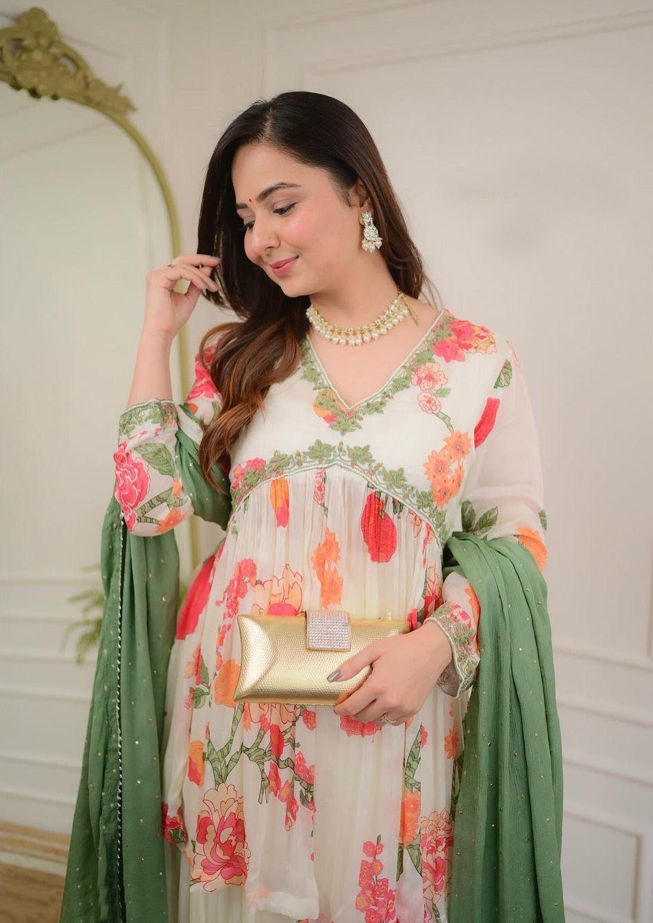 Anarkali Flared Embroidered Kurta Palazzo And Golden Tiki Dupatta Set