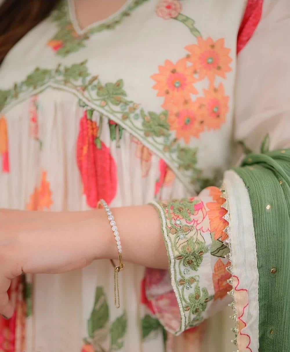 Anarkali Flared Embroidered Kurta Palazzo And Golden Tiki Dupatta Set