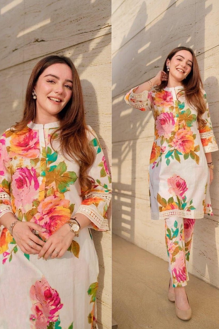 Women Printed Stand Collar Kurti With White Lace Border at Sleeve Opening And Pant Set