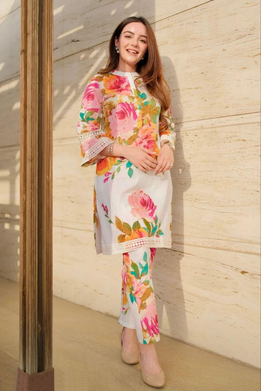 Women Printed Stand Collar Kurti With White Lace Border at Sleeve Opening And Pant Set