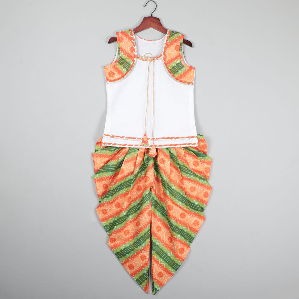 Koti With Tie Looking Top And Printed Dhoti Set