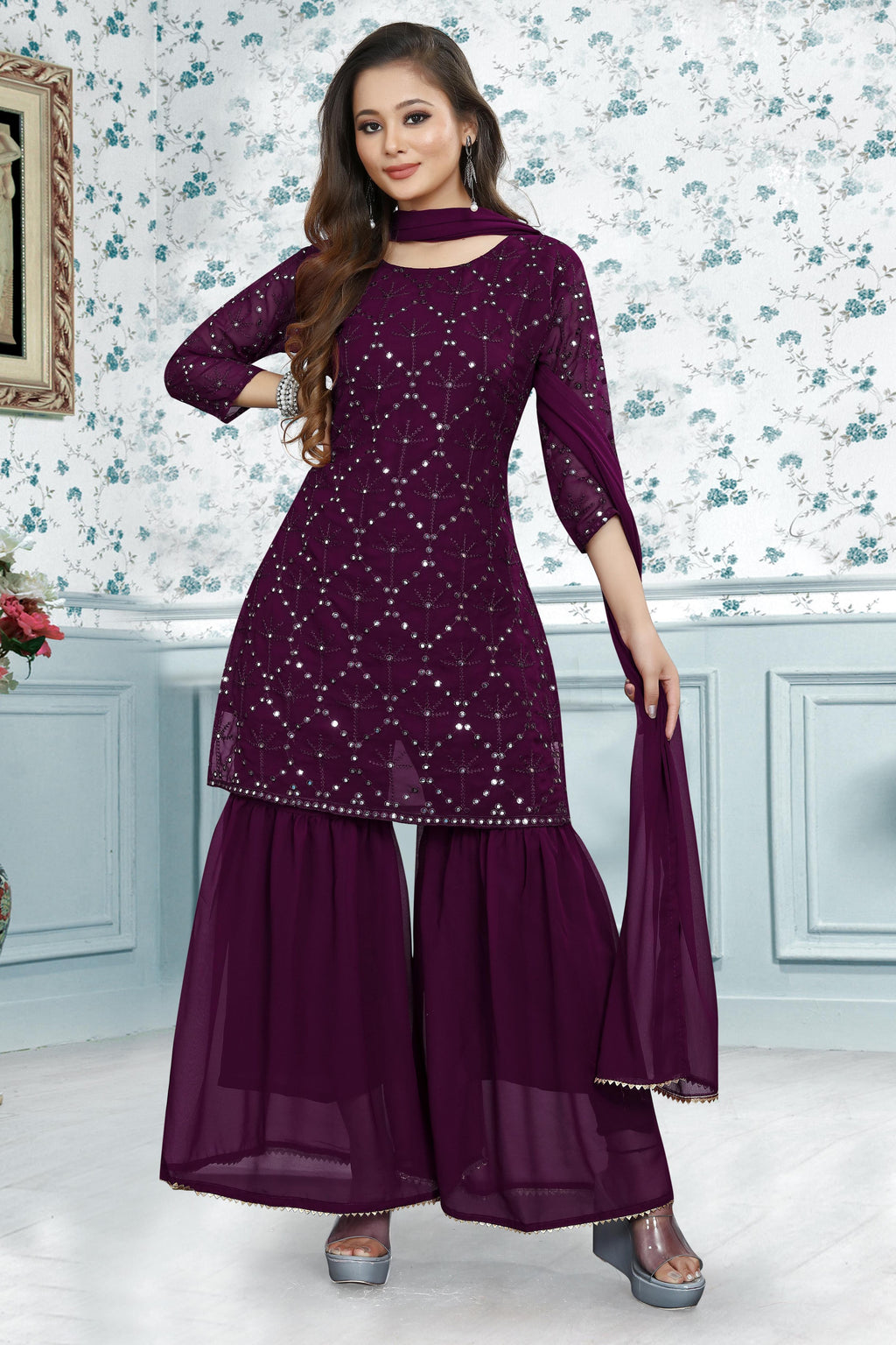 Embroidery Mirror Work Kurti, Sharara And Dupatta Set